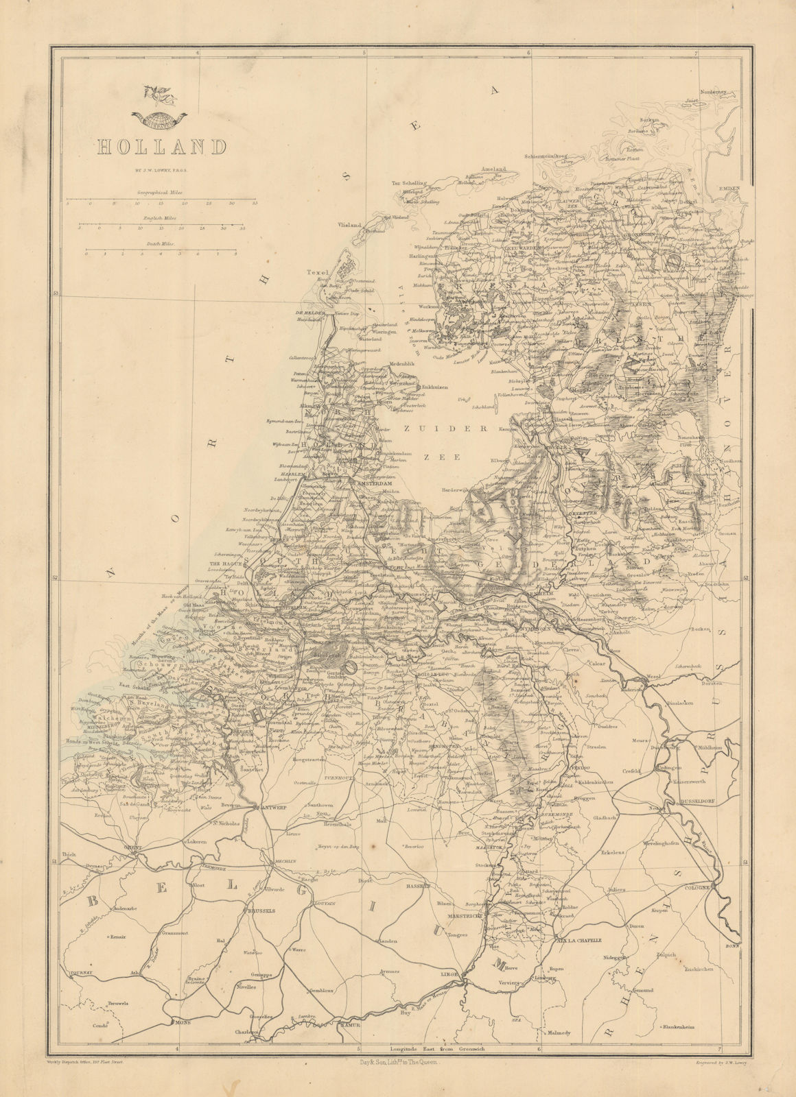 'Holland'. Netherlands in provinces. JW LOWRY for the Dispatch atlas 1863 map