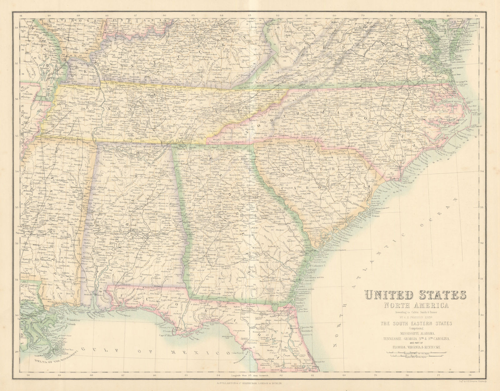 United States South East. Alabama Tennessee Georgia Carolinas c1863 old map