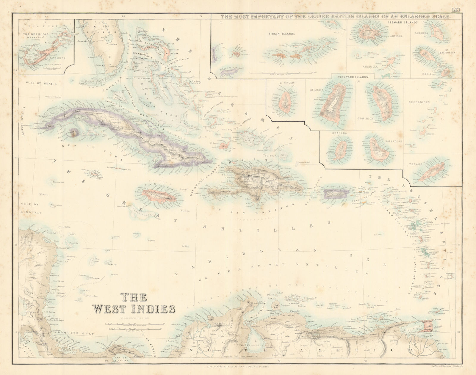 British West Indies. Virgin Leeward Windward Islands Bermuda FULLARTON c1863 map
