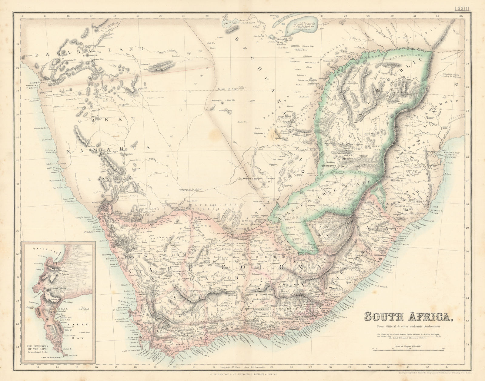 South Africa. Cape Colony. Transvaal Rep. Great Damaqua Land FULLARTON c1863 map