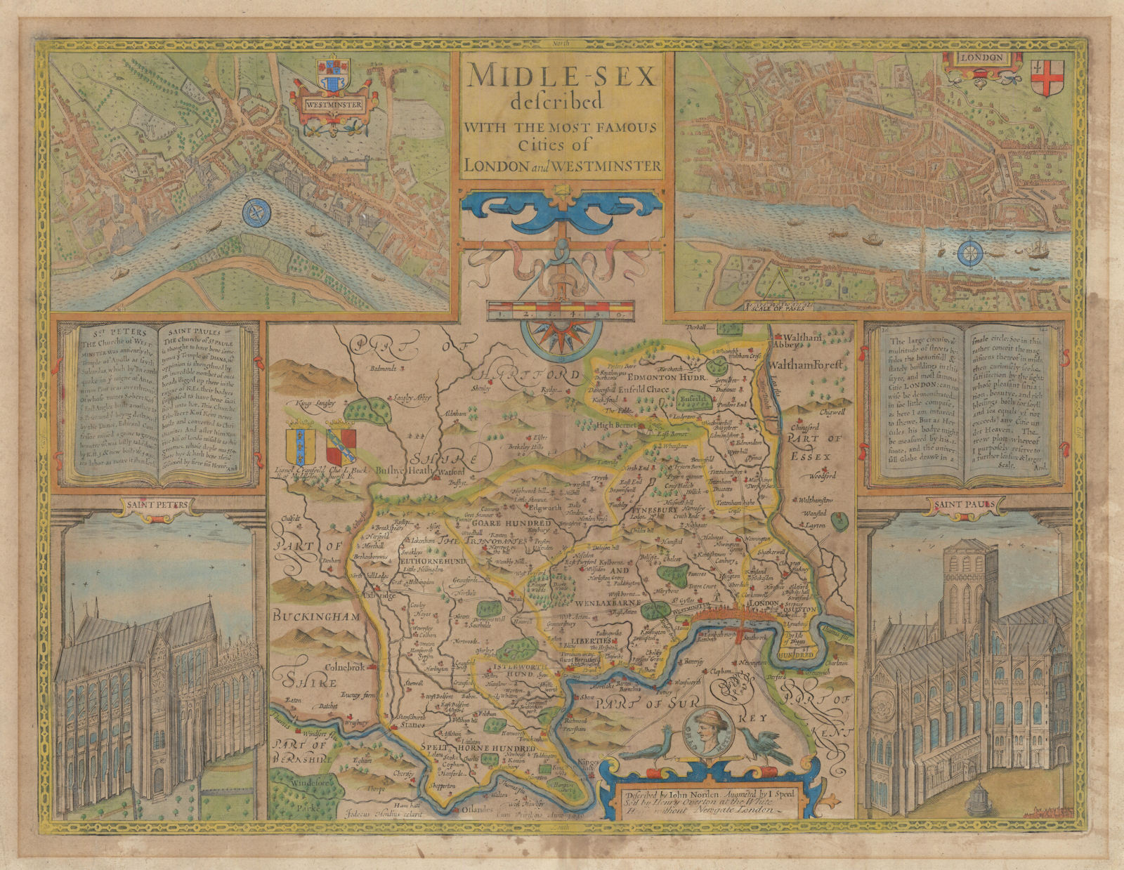 Midle-sex [with] London & Westminster. John Speed county map. Overton 1710