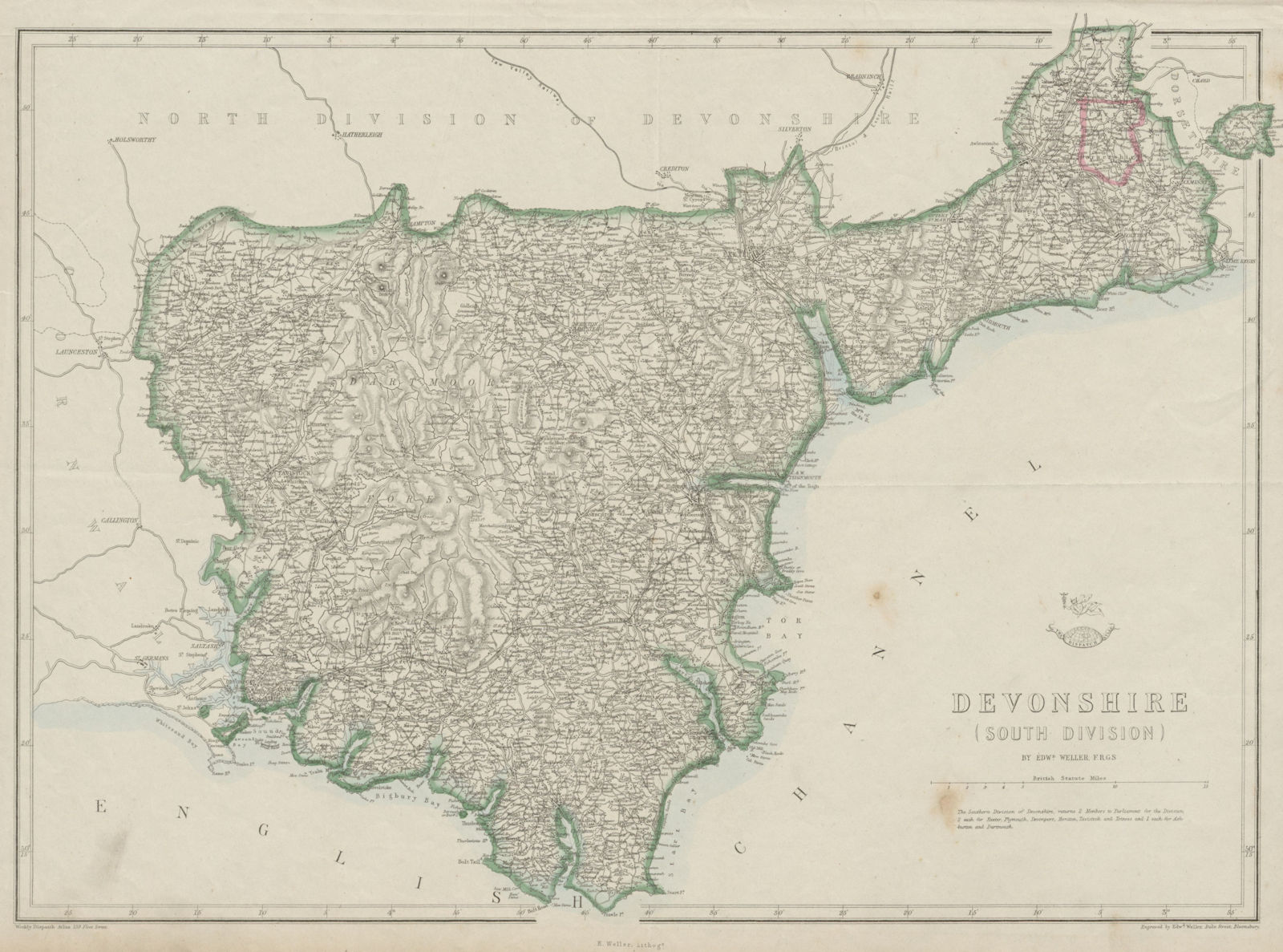 DEVONSHIRE SOUTH. Dartmoor Torquay Salcombe. Exclave/enclave. WELLER 1862 map