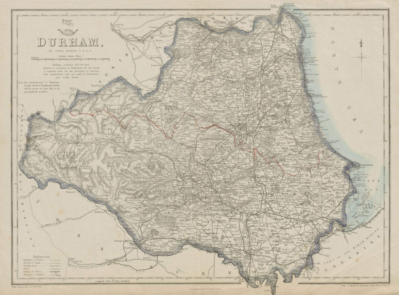DURHAM. Sunderland Hartlepool. Antique county map. Railways. DOWER 1862