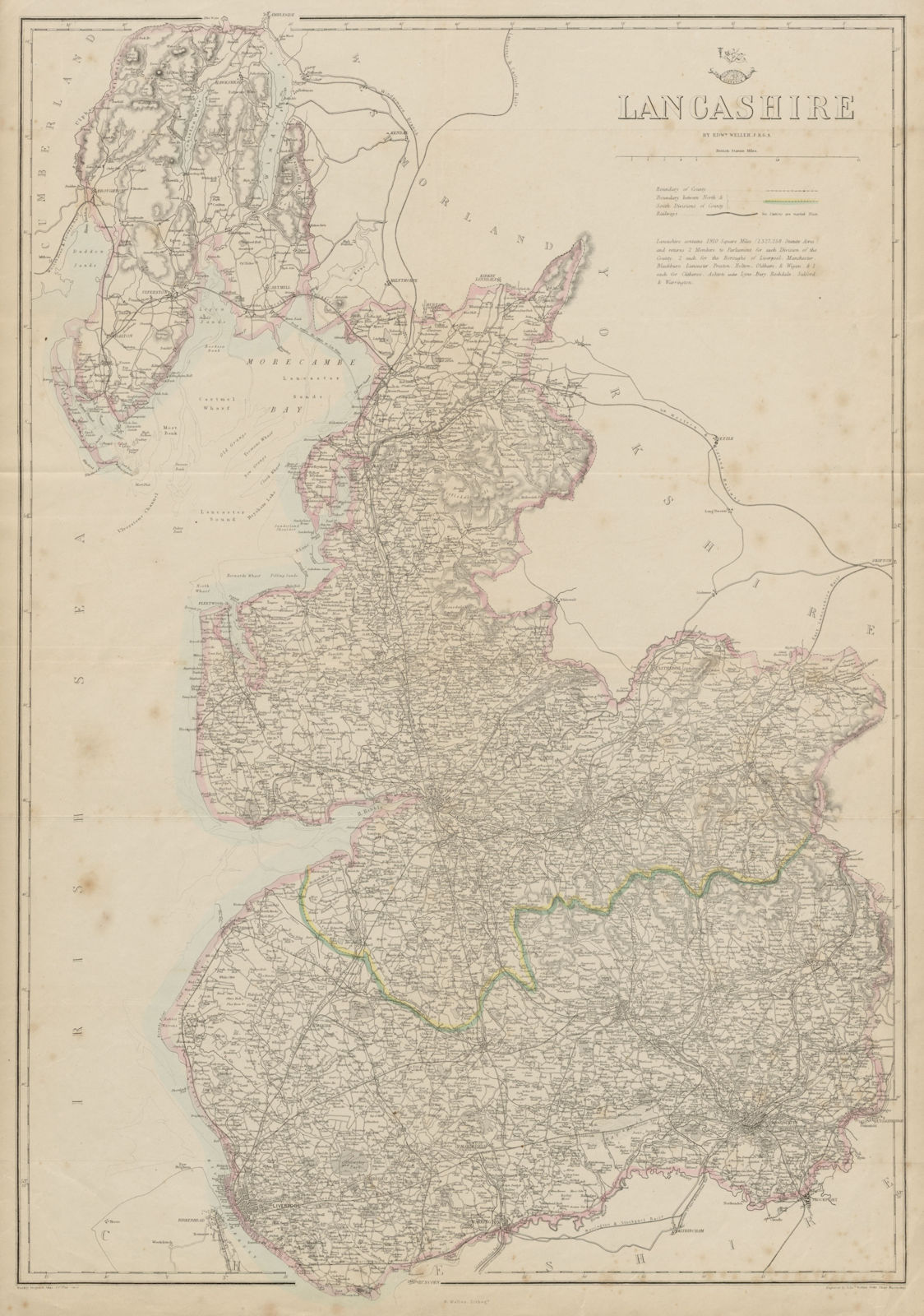 LANCASHIRE. Large antique county map. Railways. WELLER. Dispatch atlas 1862