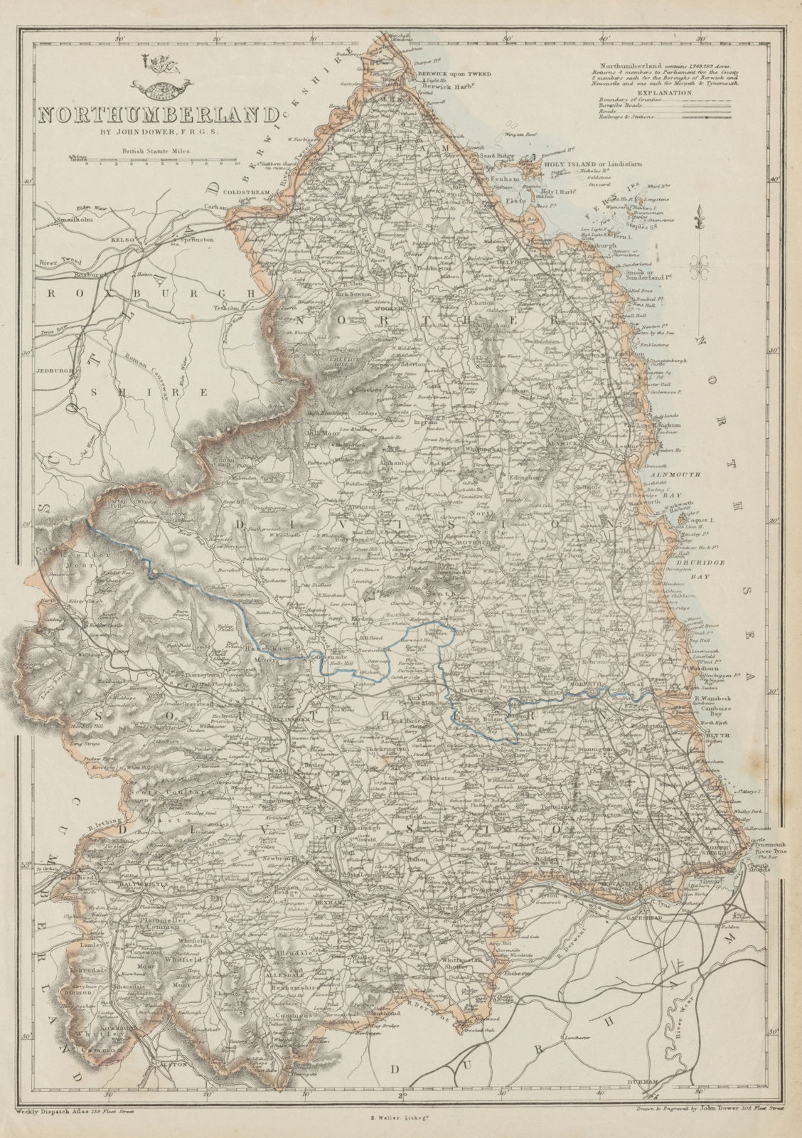 Associate Product NORTHUMBERLAND. County map. Railways Cheviot Hills Farne Islands.DOWER 1862