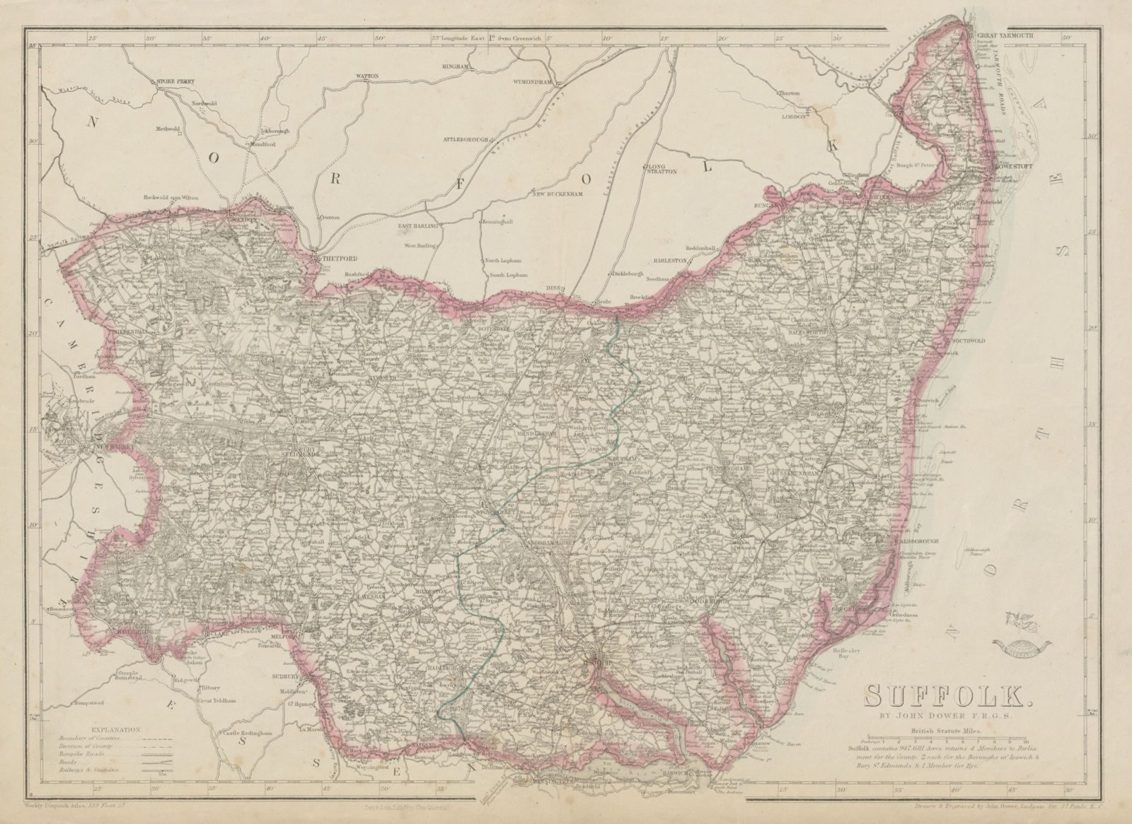 SUFFOLK. Antique county map. Railways. Ipswich Bury St Edmunds. DOWER 1862