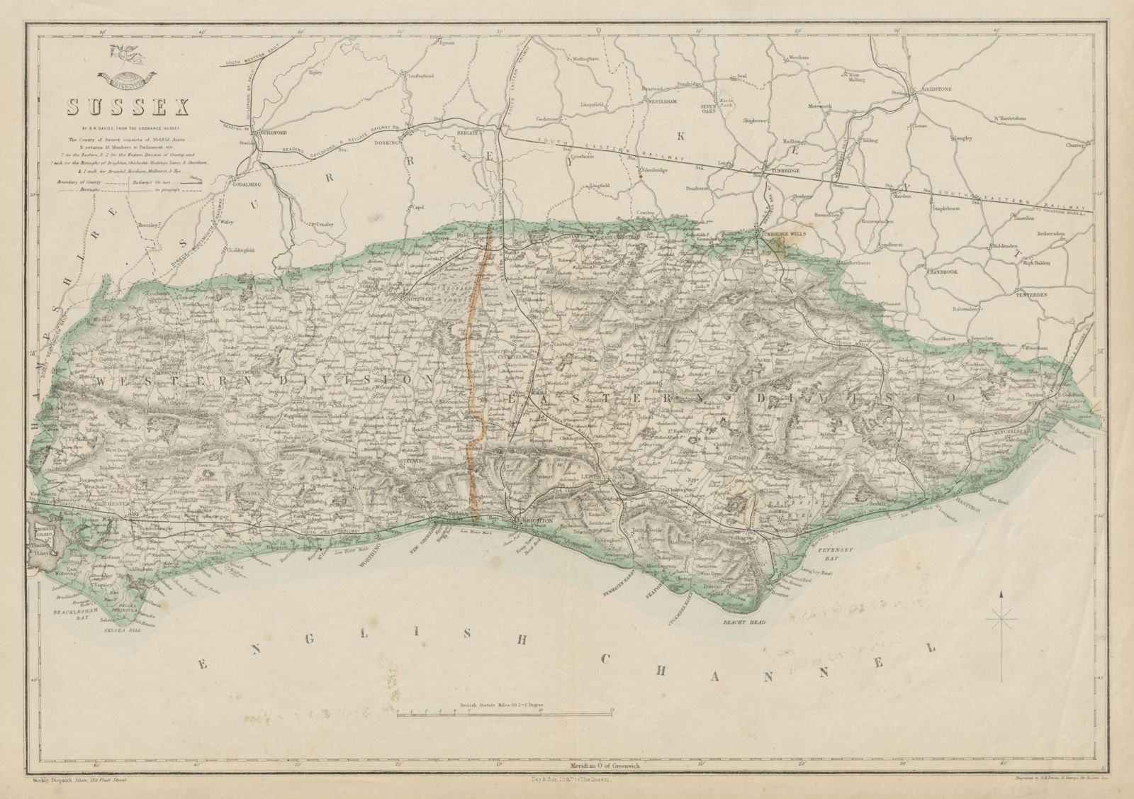 SUSSEX. Chichester Rye Brighton Horsham. County map.Railways.BR DAVIES 1862