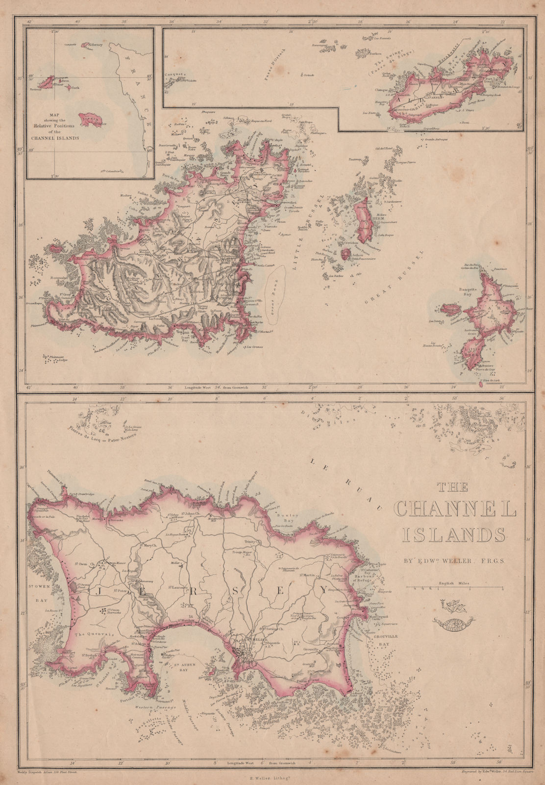 THE CHANNEL ISLANDS. Guernsey Jersey Alderney Herm & Sark. WELLER 1862 old map