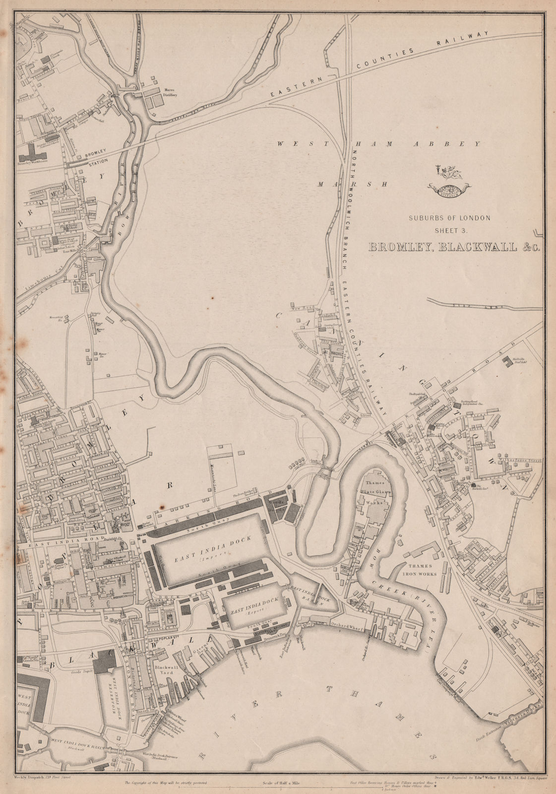 E LONDON. Bromley-by-Bow Blackwall Poplar Canning Town Plaistow.WELLER 1862 map