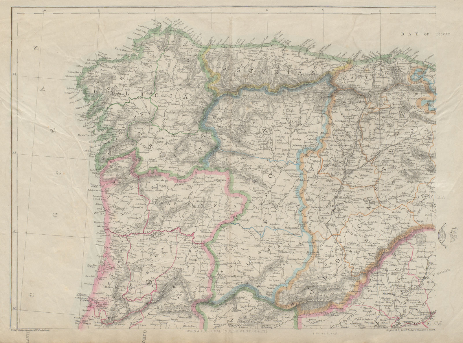 IBERIA NW. Galicia Asturias Oporto Leon Santander Castille. WELLER 1862 map