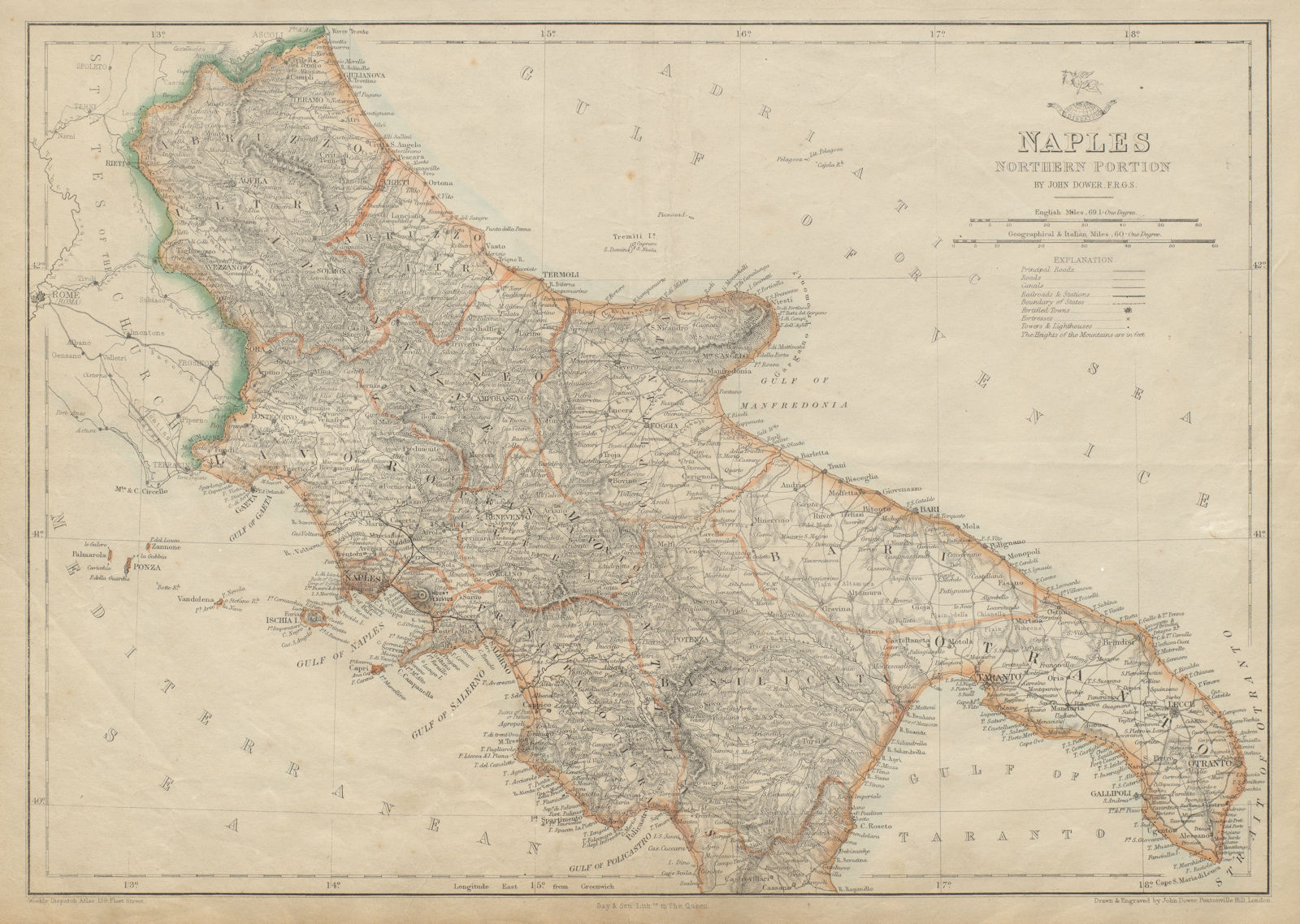 KINGDOM OF NAPLES/TWO SICILIES North. Southern Italy. DOWER. Dispatch 1862 map