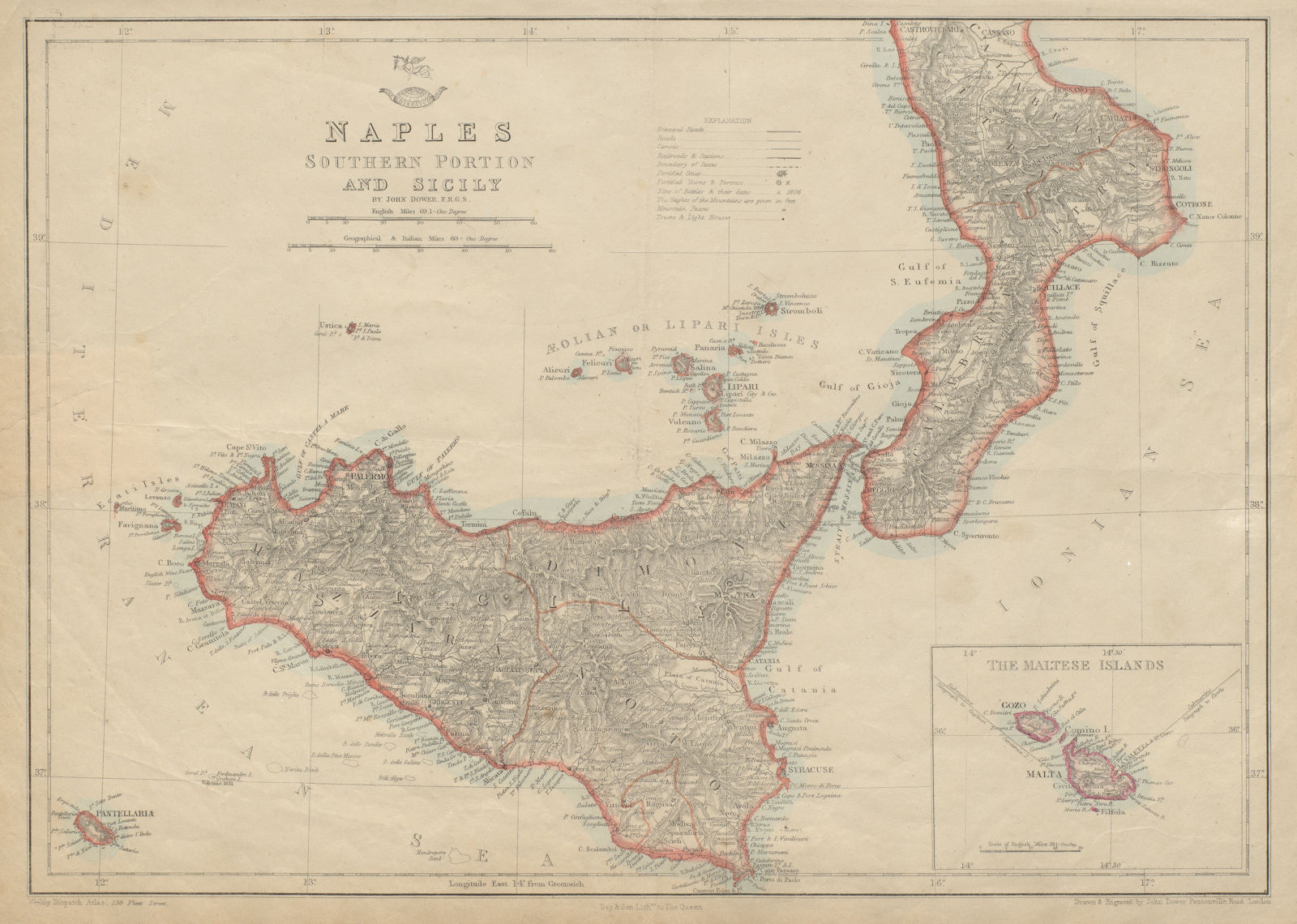 KINGDOM OF NAPLES/TWO SICILIES South. Sicily Malta Italy. DOWER 1862 old map
