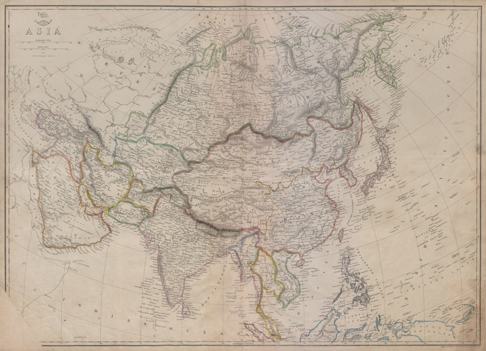 ASIA w/ Great Wall of China. Tartary Siam Anam.Sarawak Kingdom. WELLER 1862 map