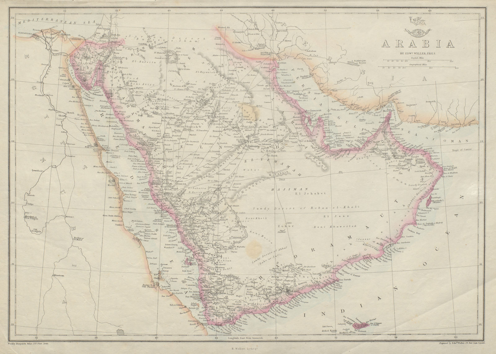 ARABIA. Hajj route.'Debai'/Dubai 'Abou-Thubbi'/Abu Dhabi Sharja.WELLER 1862 map