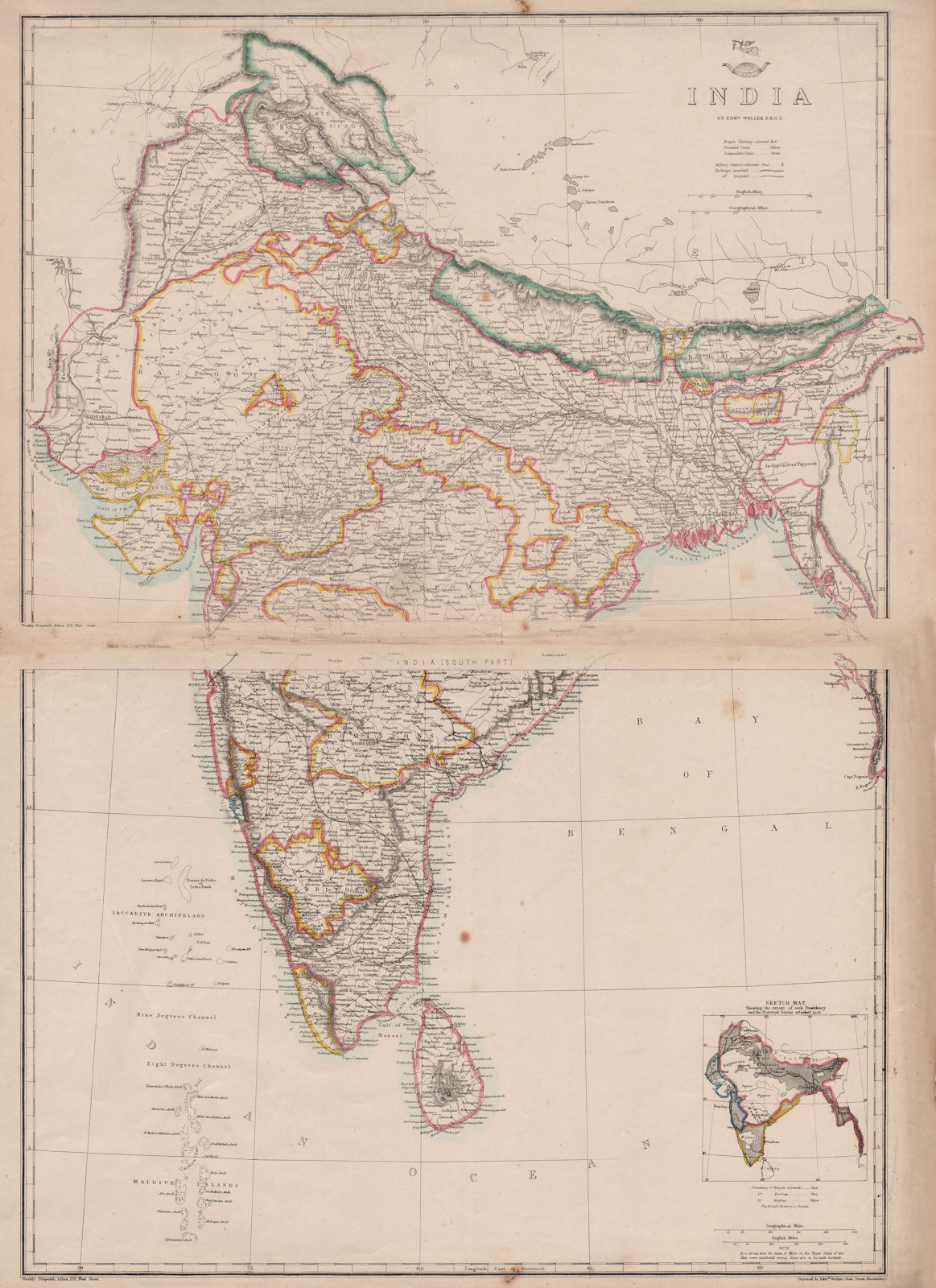 INDIA British/protected/ind states.Completed & planned railways.WELLER 1862 map