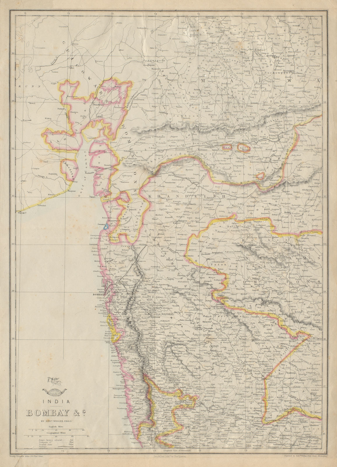 BRITISH INDIA. 'Bombay' -Nassick/Pune railways. Western Ghats. WELLER 1862 map