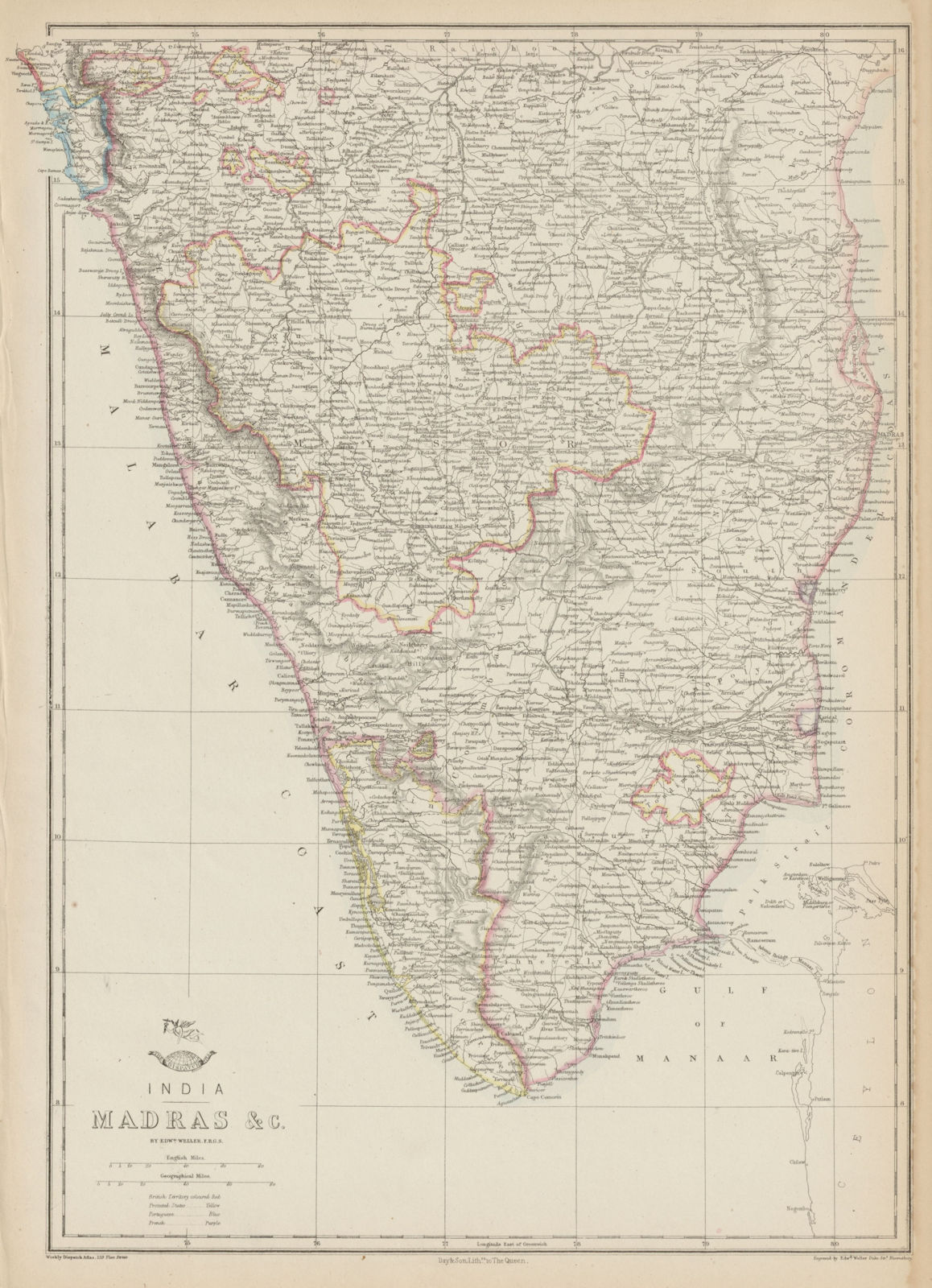 BRITISH INDIA 'Madras'. Malabar/Coromandel coasts. Goa Karikal. WELLER 1862 map