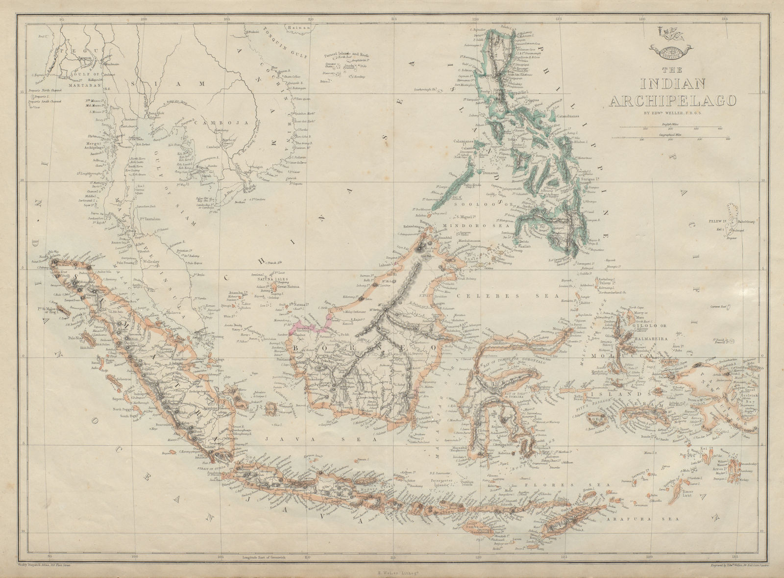 INDIAN ARCHIPELAGO. East Indies Sarawak Kingdom Philippines. WELLER 1862 map