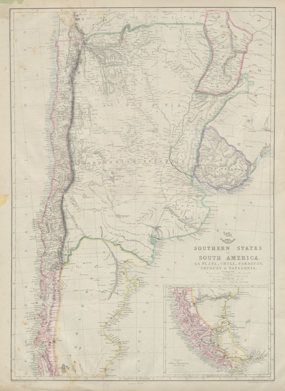 Associate Product SOUTH AMERICA. 'La Plata, Chili, Paraguay, Uruguay & Patagonia'. LOWRY 1862 map