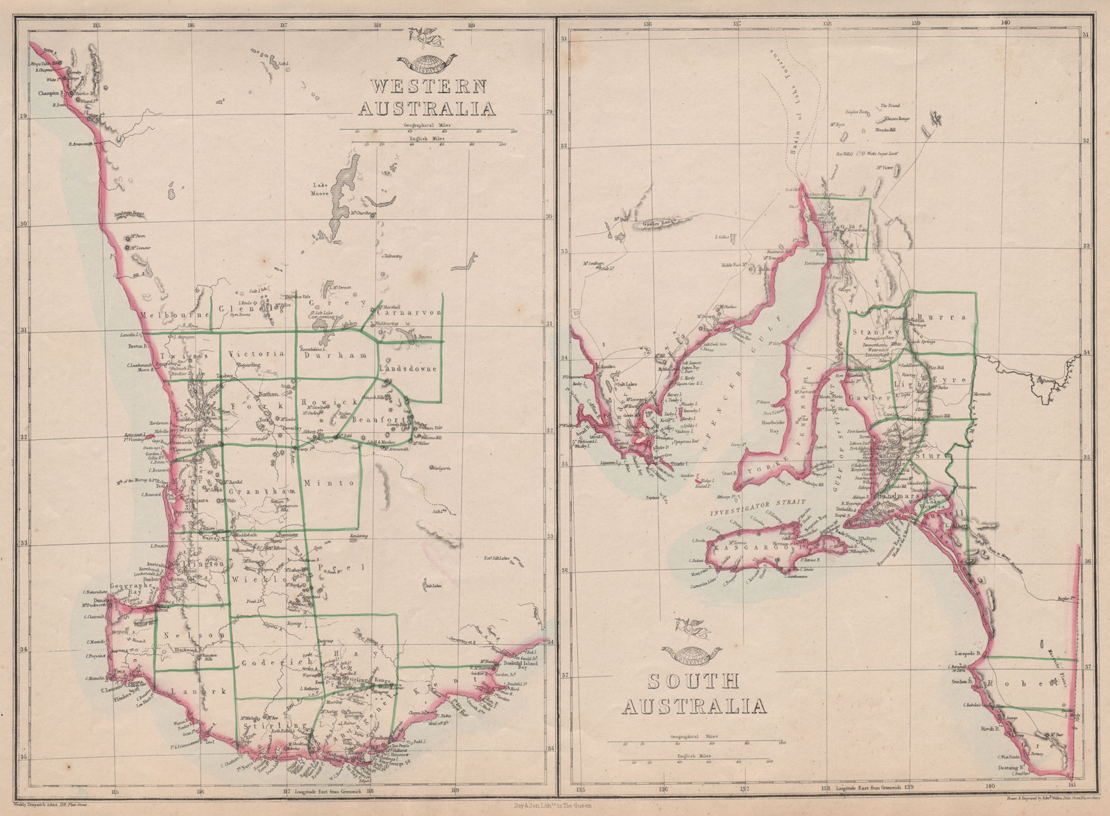 WESTERN & SOUTH AUSTRALIA. Land Divisions. Perth Adelaide. WELLER 1862 old map
