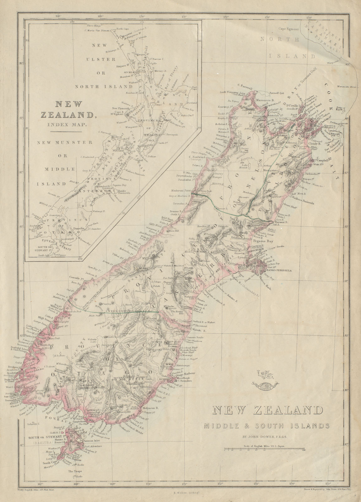'New Zealand Middle & South Islands'. Shows 1859 provinces. DOWER 1862 old map
