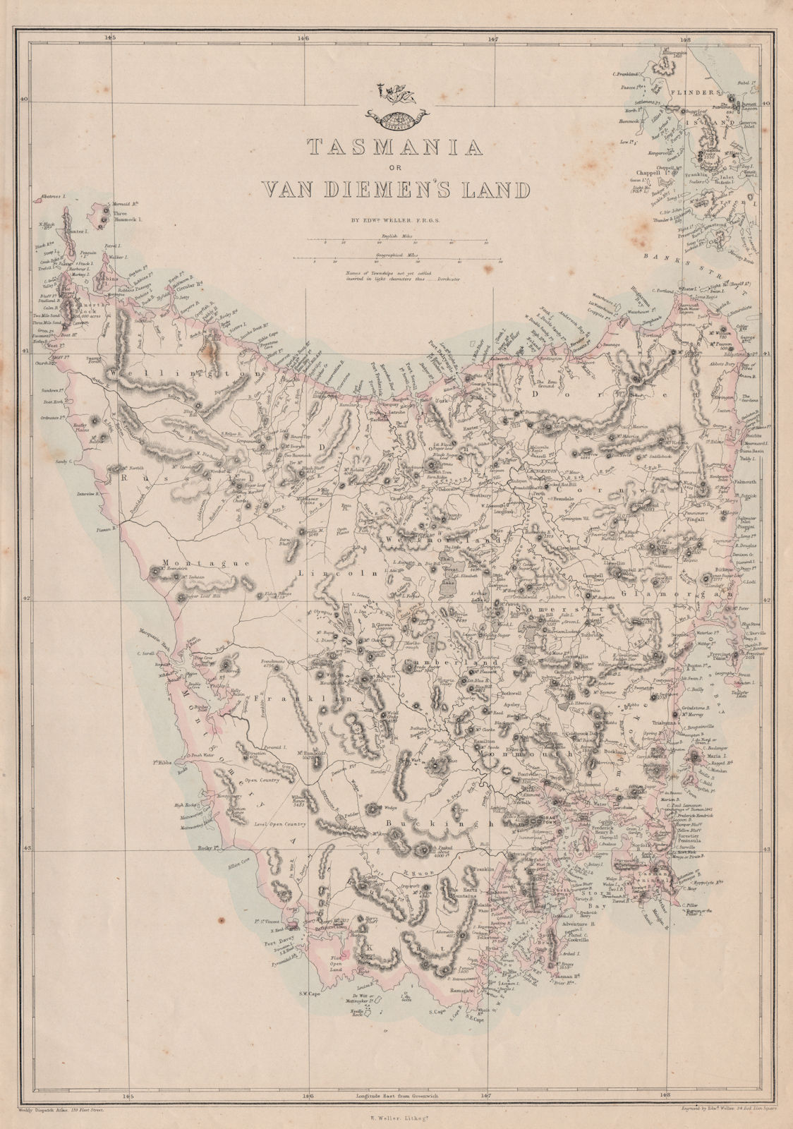 TASMANIA OR VAN DIEMEN'S LAND. Shows townships not yet settled. WELLER 1862 map