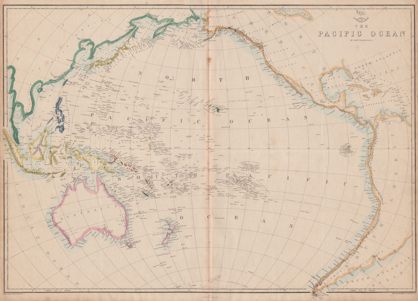 PACIFIC OCEAN Sandwich Islands/Hawaii Australia New Zealand &c. WELLER 1862 map