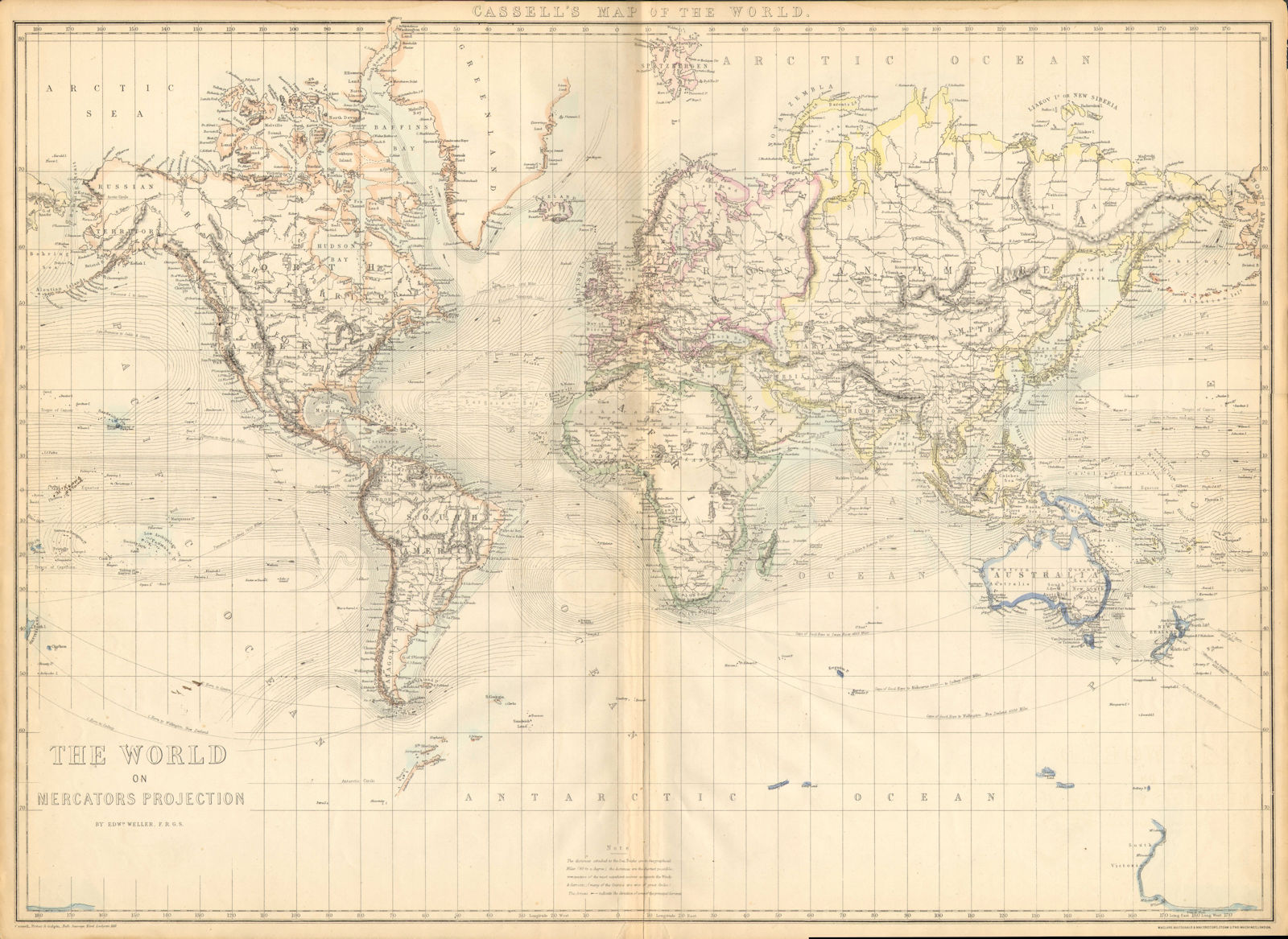 'The World on Mercators Projection'. Shows Mountains of Kong. WELLER 1863 map