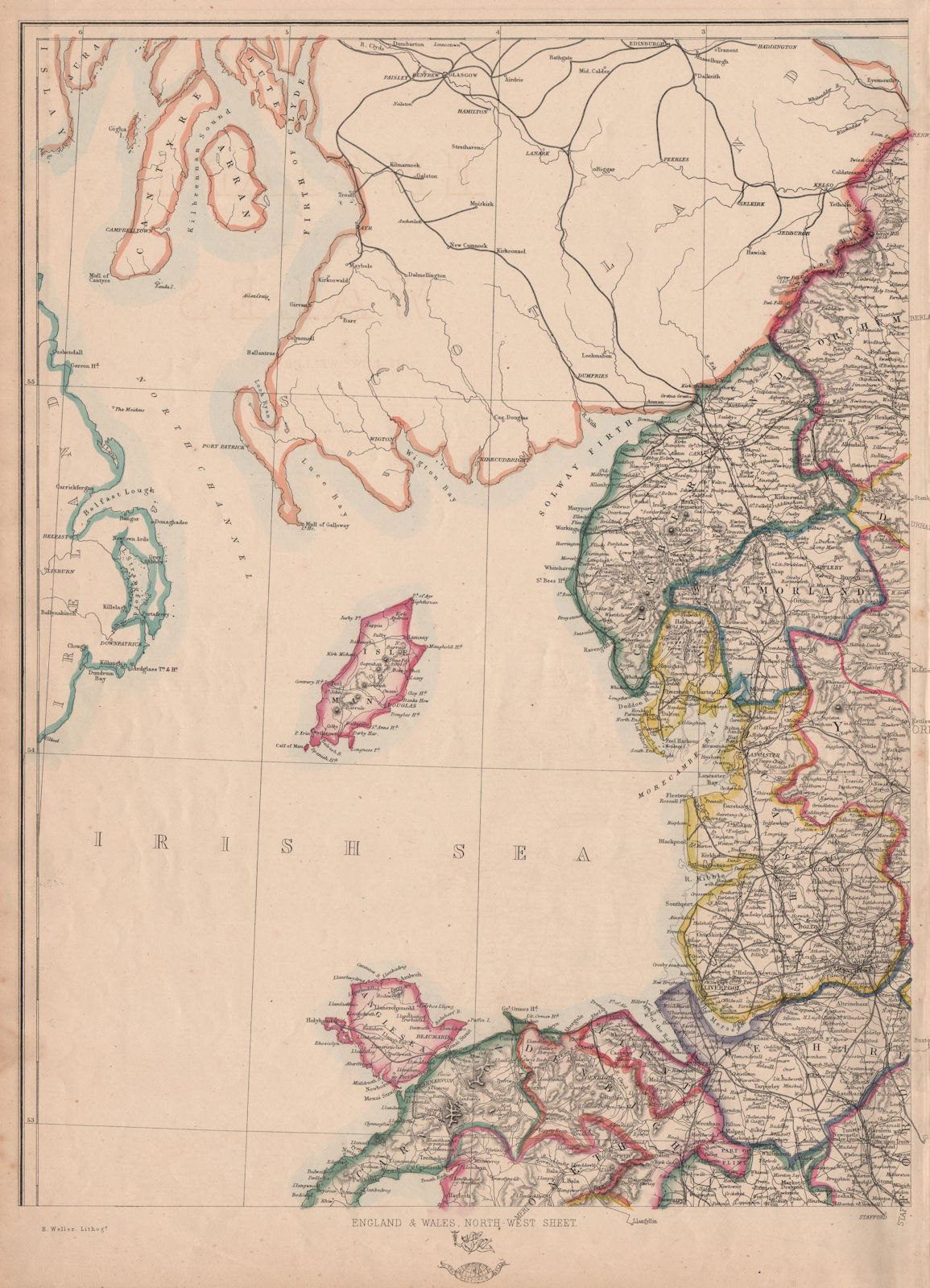 Associate Product ENGLAND & WALES NW. Cumbria Lancashire Welsh coast Isle of Man. WELLER 1863 map
