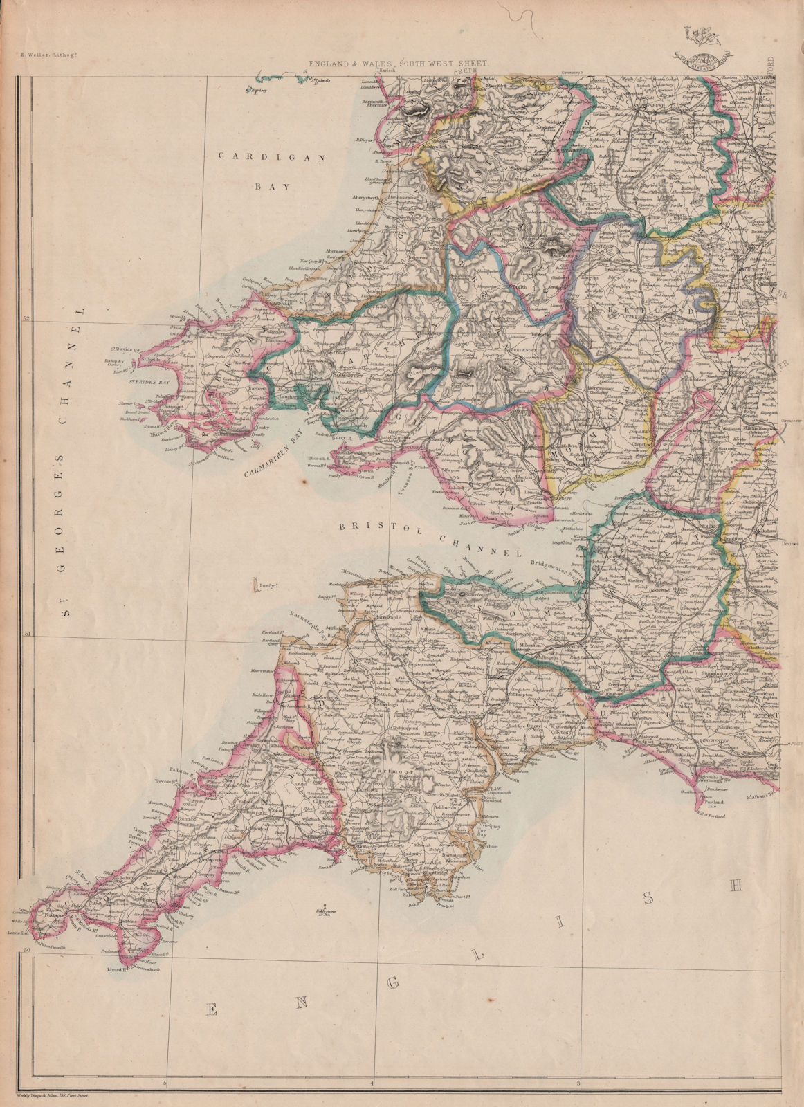 SOUTH WEST ENGLAND & S. WALES. Devon Cornwall Somerset. WELLER 1863 old map