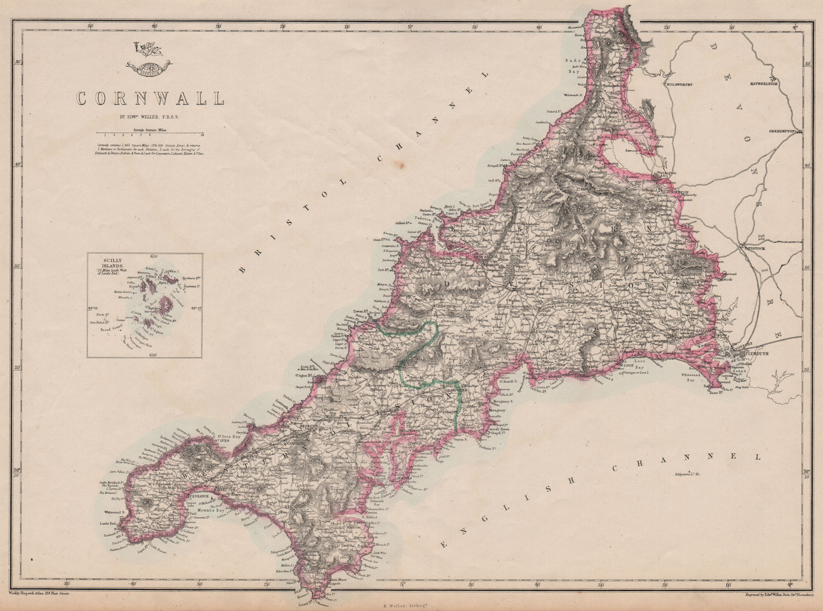 CORNWALL. Antique county map. Railways. Bodmin Moor. WELLER 1863 old