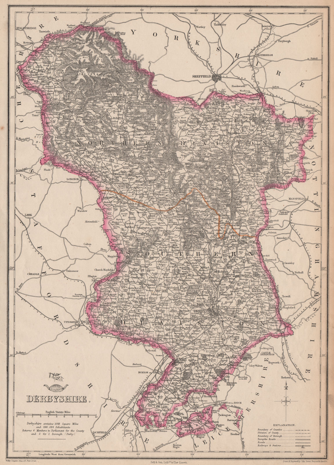 DERBYSHIRE. Peak District Railways turnpike roads exclaves. DOWER 1863 old map