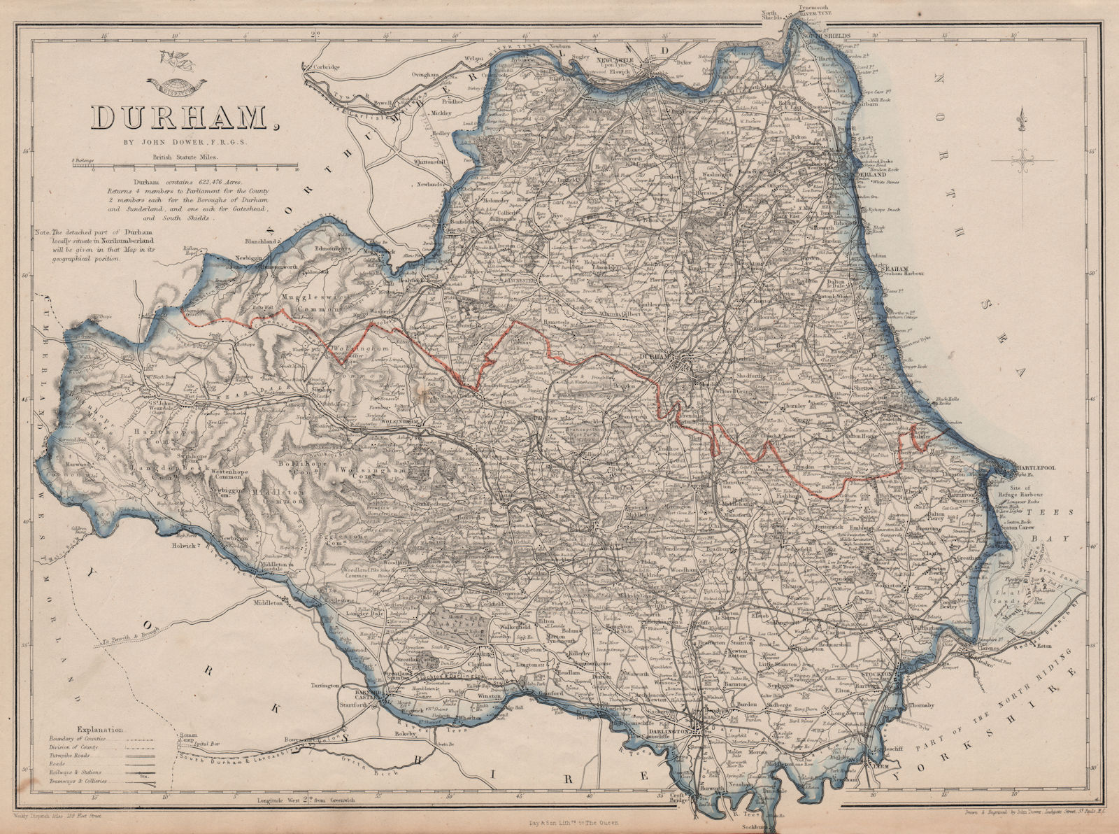 DURHAM. Sunderland Hartlepool. Antique county map. Railways. DOWER 1863