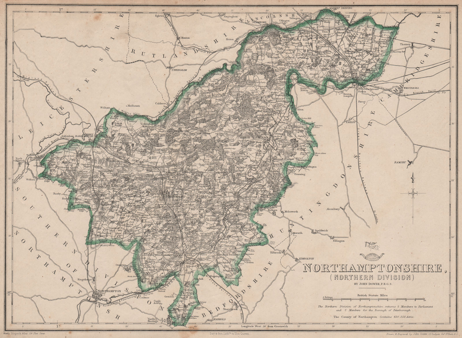 Associate Product NORTHAMPTONSHIRE NORTH. Rockingham Forest. Railways. DOWER. Dispatch 1863 map