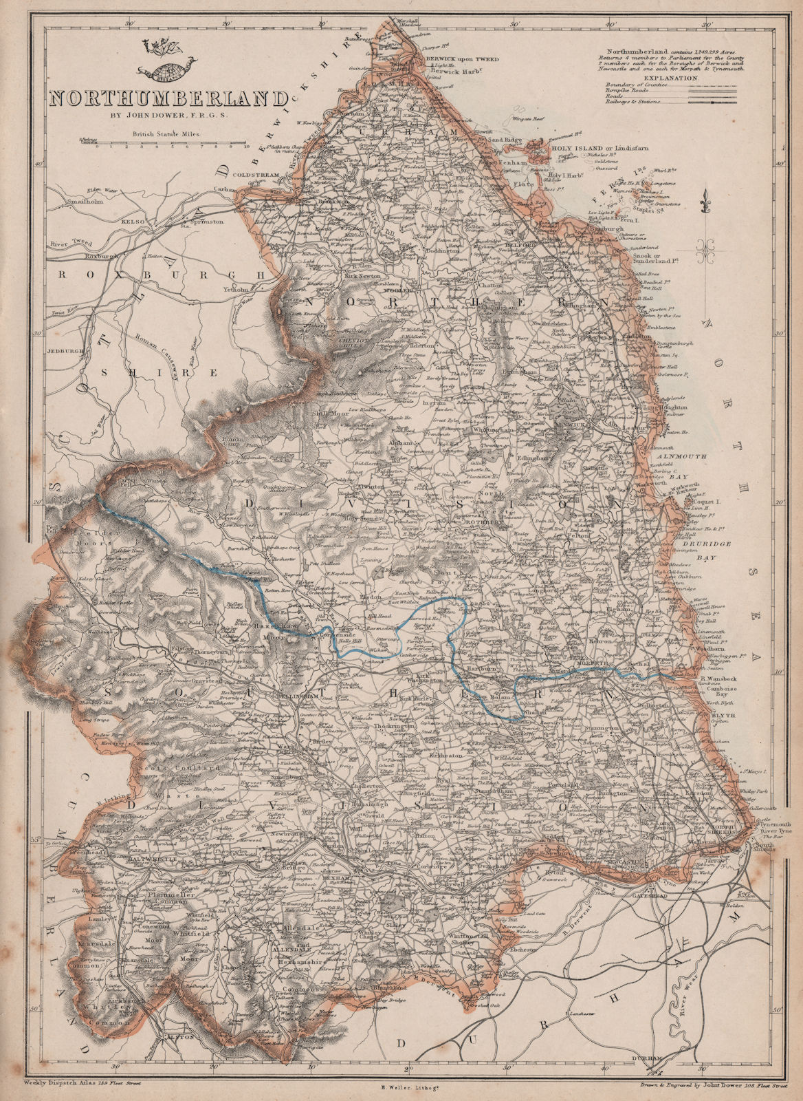 NORTHUMBERLAND. County map. Railways Cheviot Hills Farne Islands.DOWER 1863