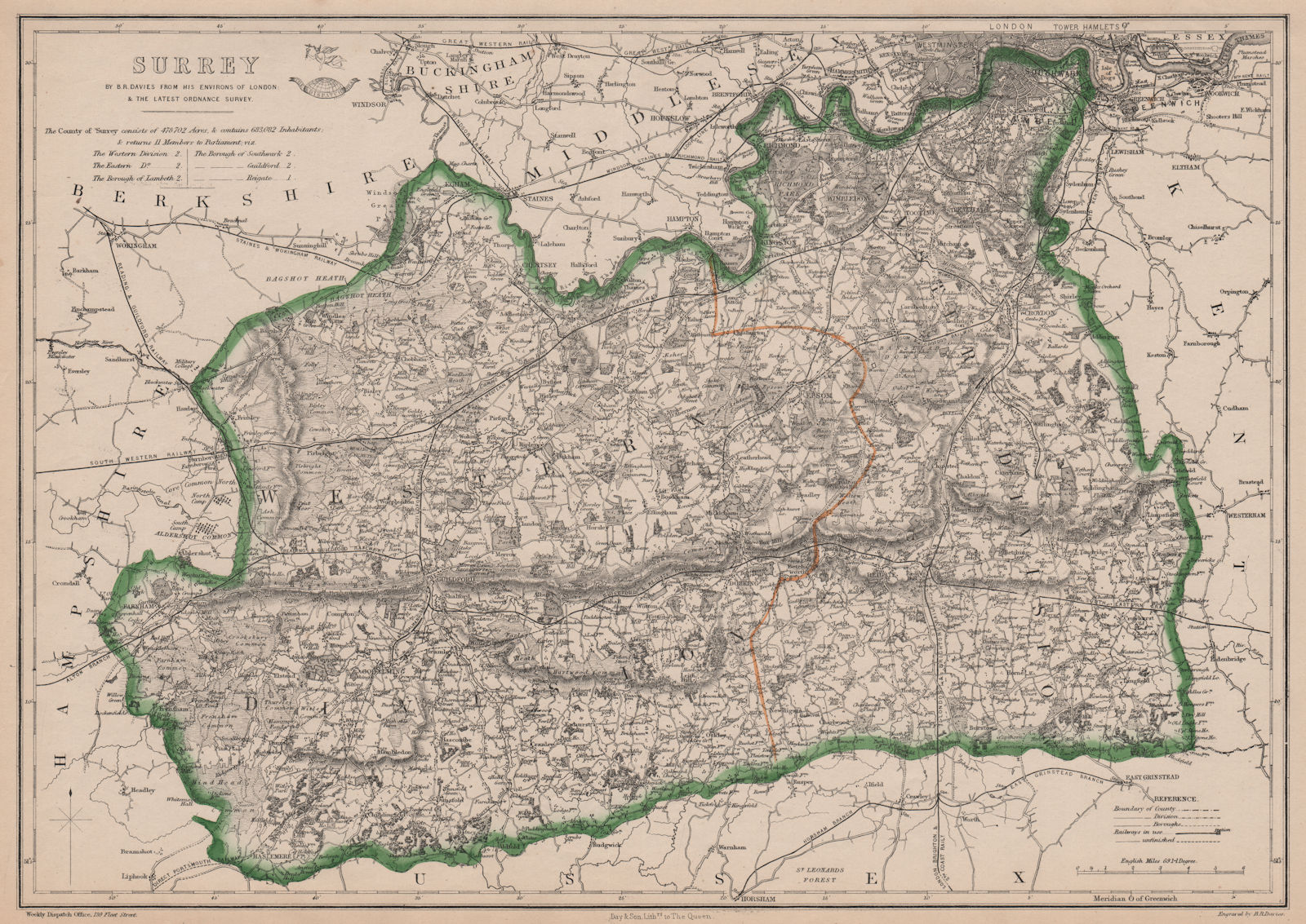 SURREY. Chertsey Guildford Dorking. County map. Railways. BR DAVIES 1863