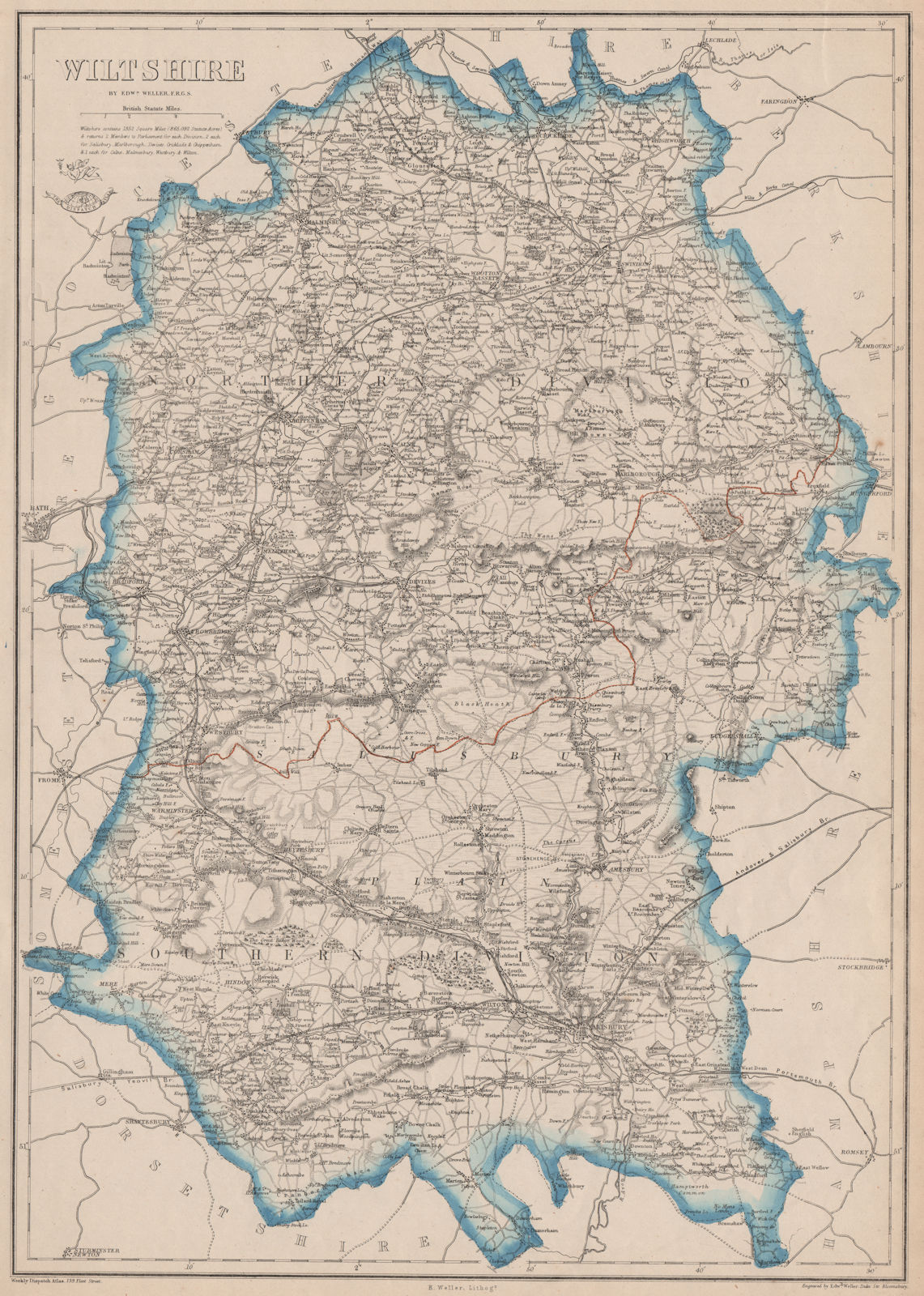 WILTSHIRE. Salisbury Plain. Antique county map. Railways. WELLER 1863 old