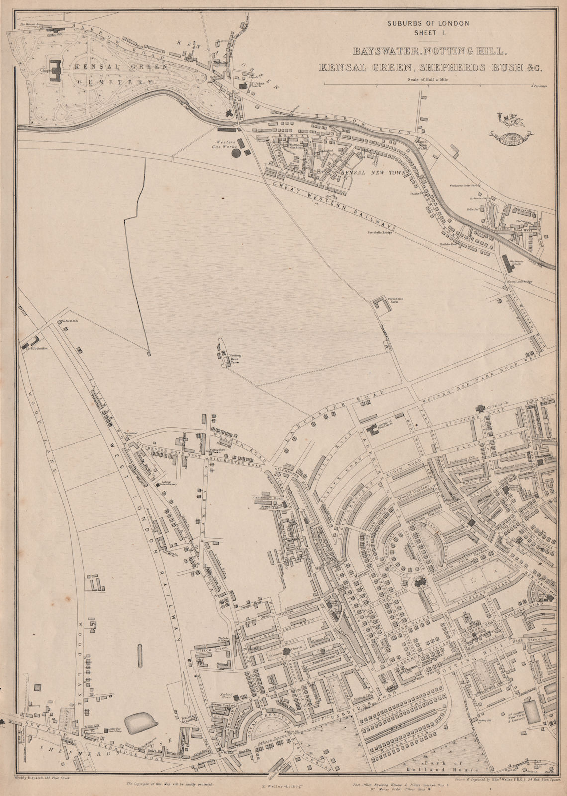 W LONDON. Notting Hill Kensal Green Shepherds Bush Holland Park.WELLER 1863 map