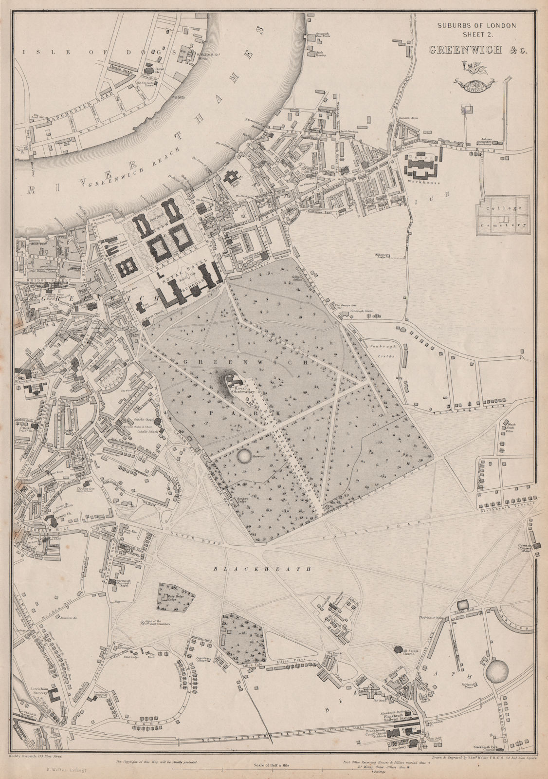 GREENWICH, BLACKHEATH & LEWISHAM. London suburbs.Dispatch Atlas.WELLER 1863 map