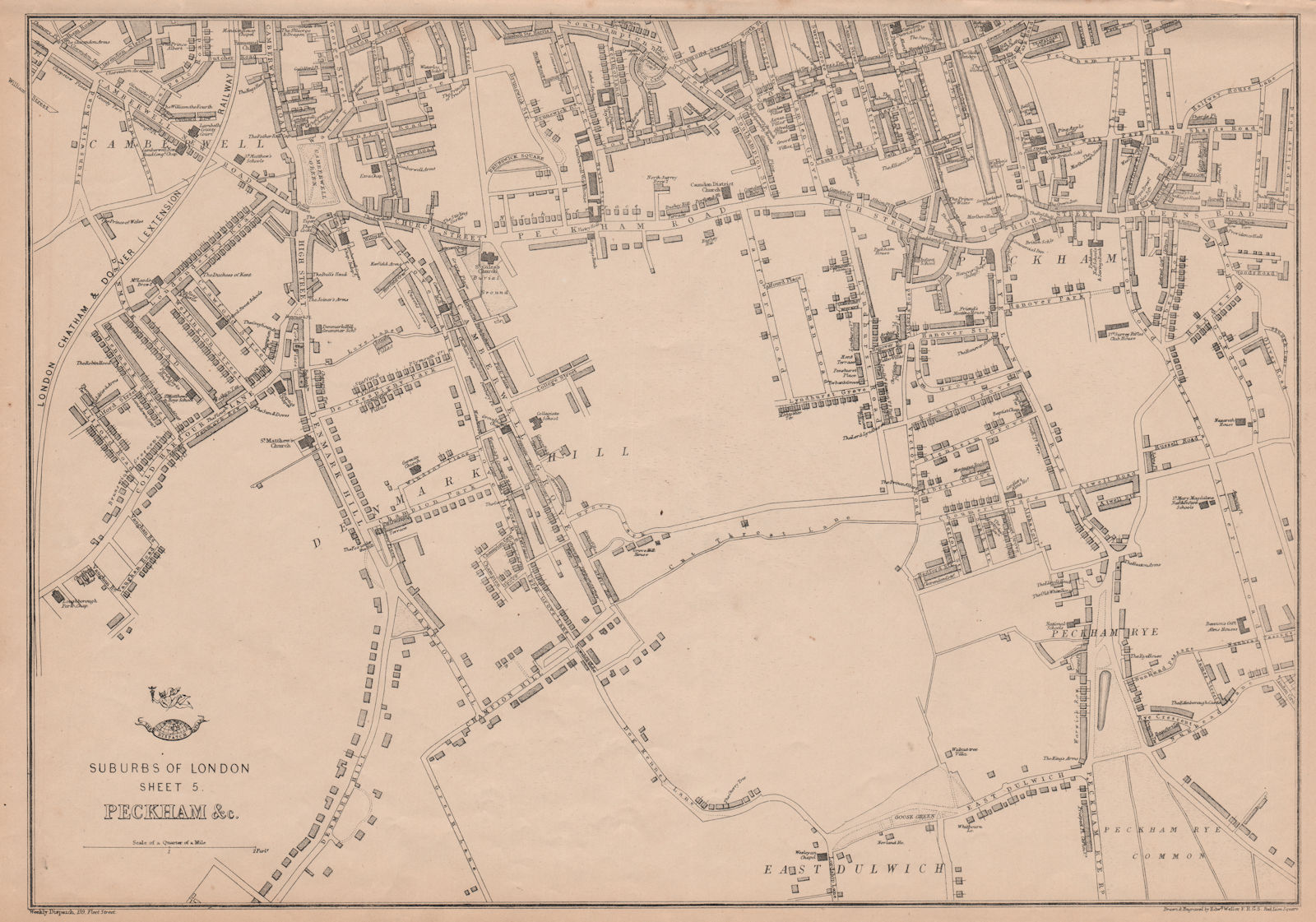 SOUTH LONDON. Peckham/Rye East Dulwich Camberwell Denmark Hill. WELLER 1863 map