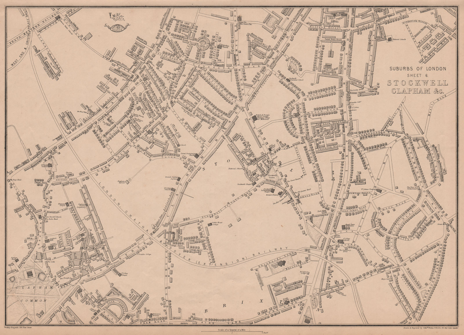 SOUTH LONDON. Stockwell Clapham North/Common Brixton Battersea. WELLER 1863 map