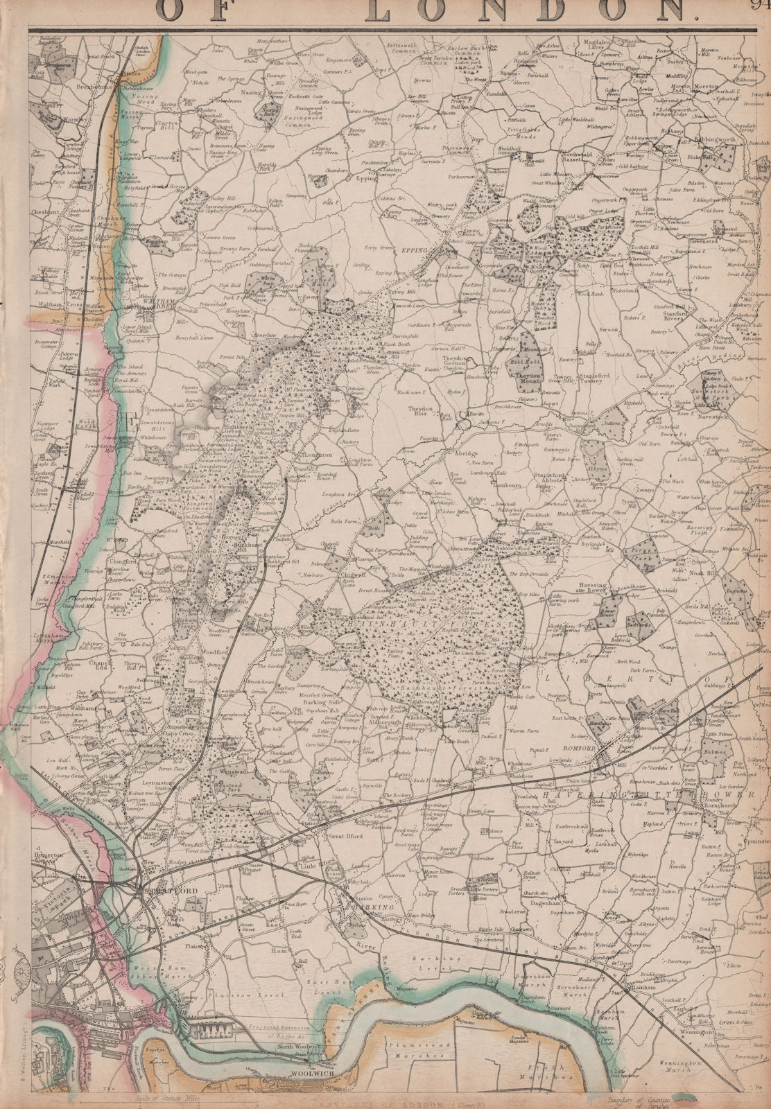NE LONDON/ESSEX Stratford Barking Romford Epping Waltham Abbey. WELLER 1863 map