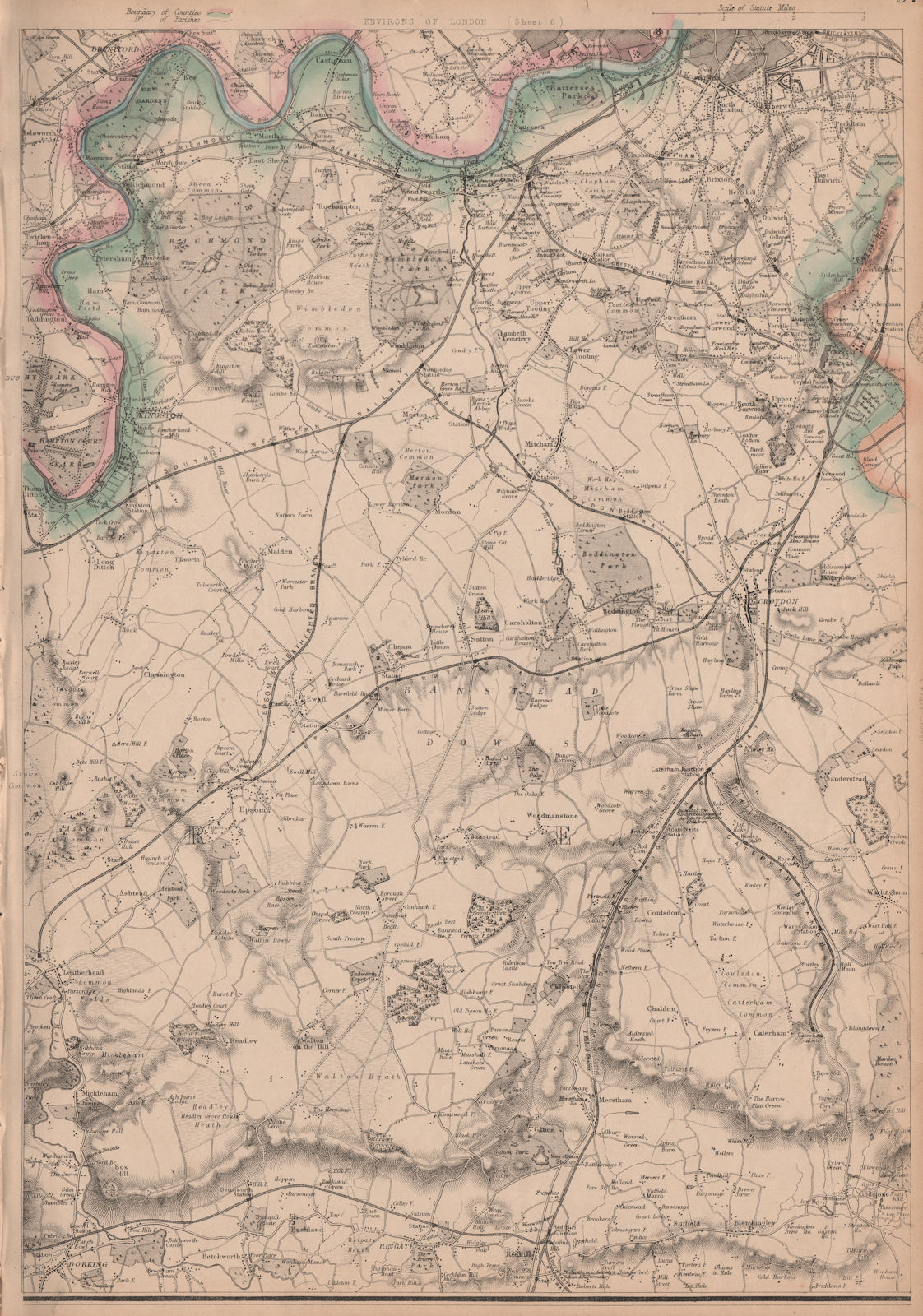 Associate Product SW LONDON/NE SURREY. Richmond Dorking Reigate Croydon Clapham. WELLER 1863 map