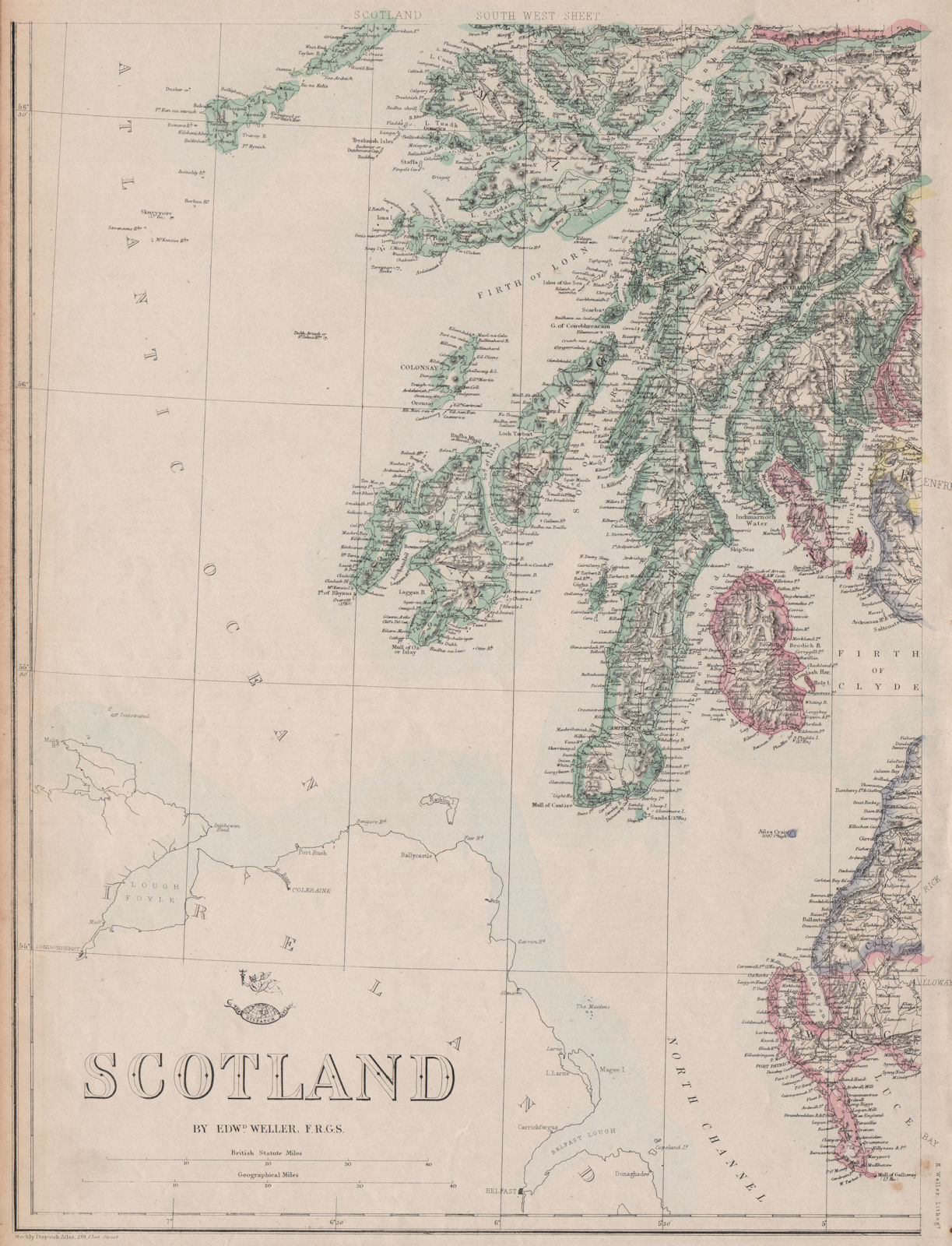SCOTLAND SOUTH WEST. Arran Kintyre islay Jura Mull Colonsay. WELLER 1863 map