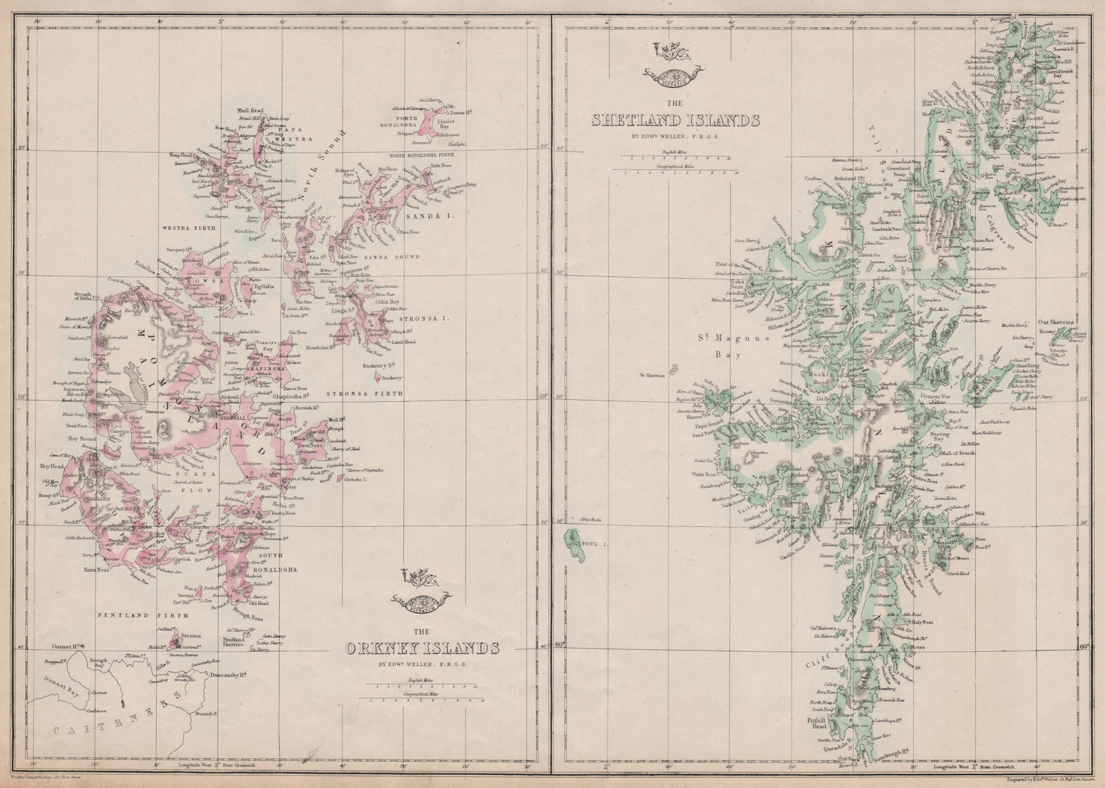Associate Product THE ORKNEY & SHETLAND ISLANDS. Scotland. Edward WELLER. Dispatch atlas 1863 map