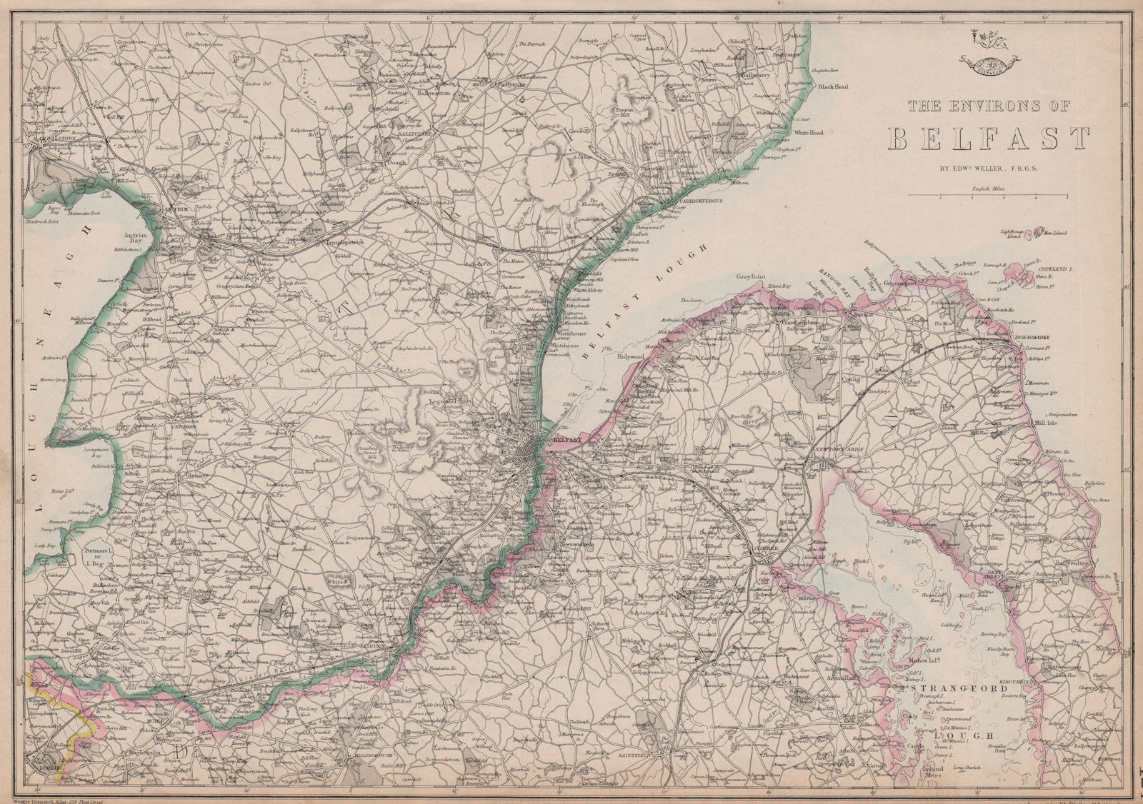 BELFAST ENVIRONS. Lough Lurgan Lisburn Carrickfergus. Ulster. WELLER 1863 map