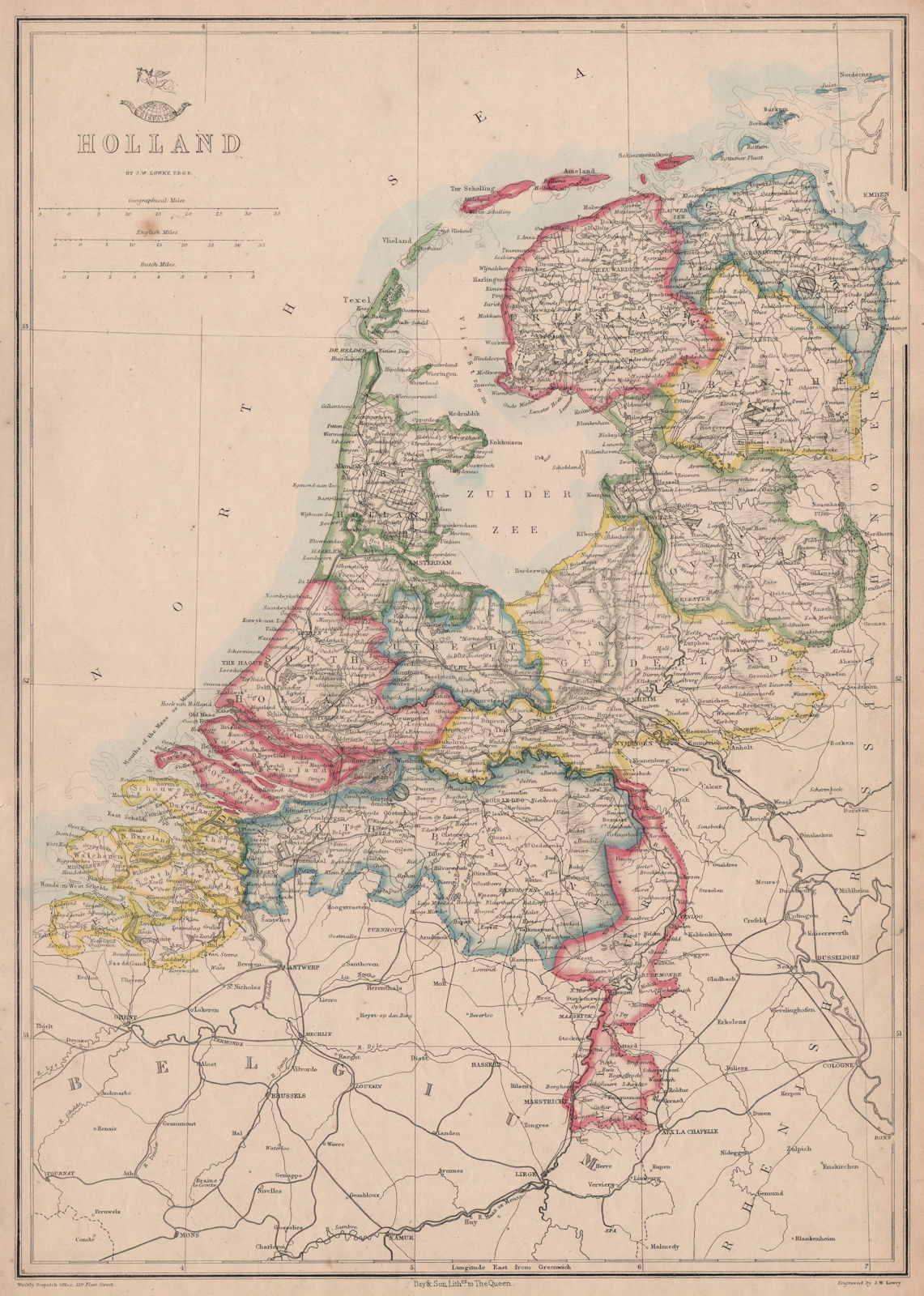 'Holland'. Netherlands in provinces. JW LOWRY for the Dispatch atlas 1863 map