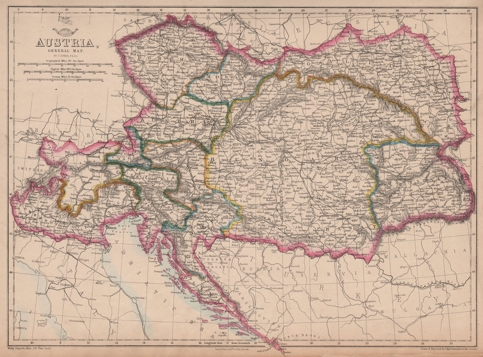 AUSTRIAN EMPIRE. Hungary Bohemia Moravia Lombardy Croatia Istria.DOWER 1863 map