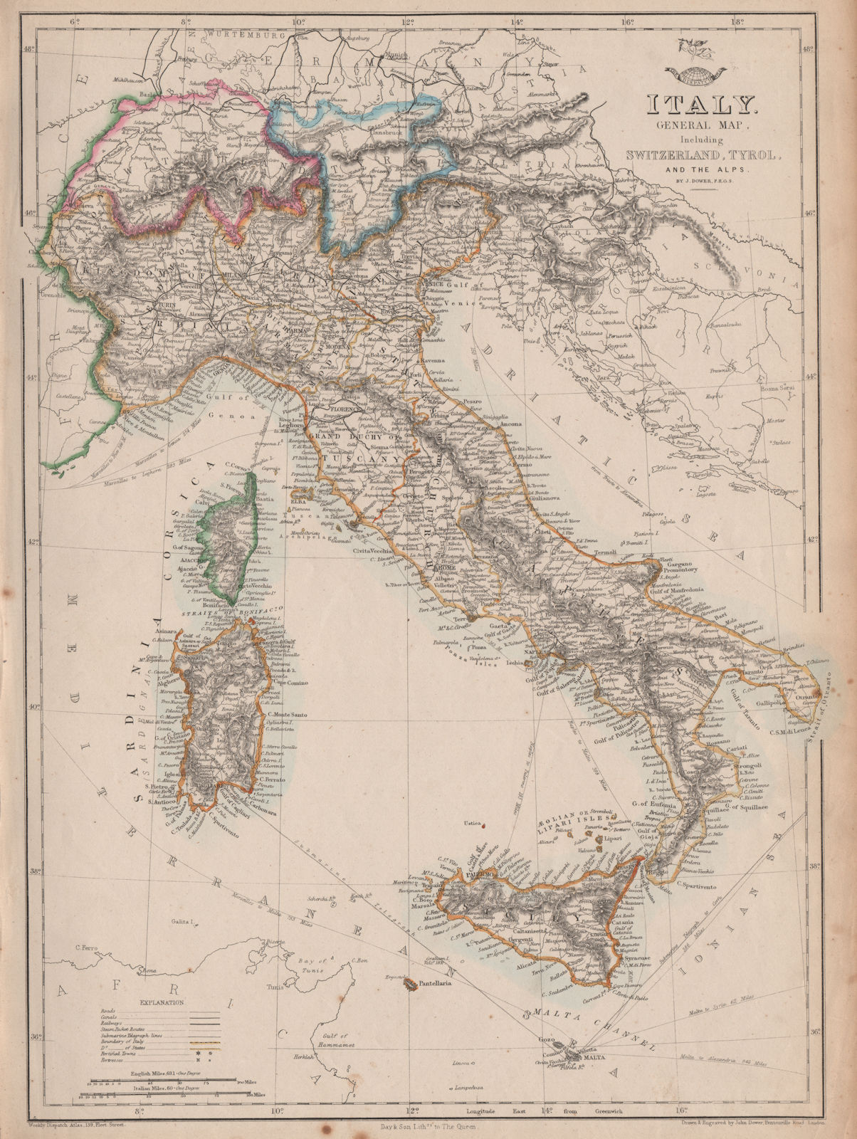 ITALY SWITZERLAND TYROL ALPS. Italian unification.DOWER.Dispatch atlas 1863 map