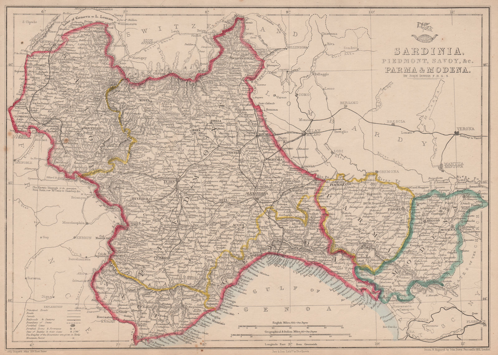 KINGDOM OF SARDINIA. Piedmont Savoy Parma Modena Comté de Nice. DOWER 1863 map